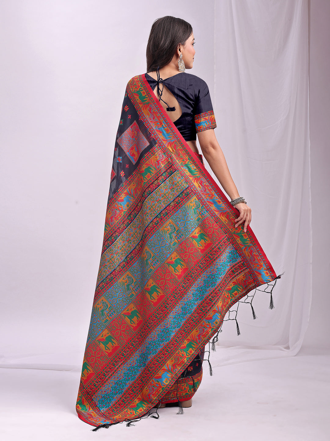 Woven Thread Designer Navy Blue Linen Cotton Traditional Rich Looks Saree