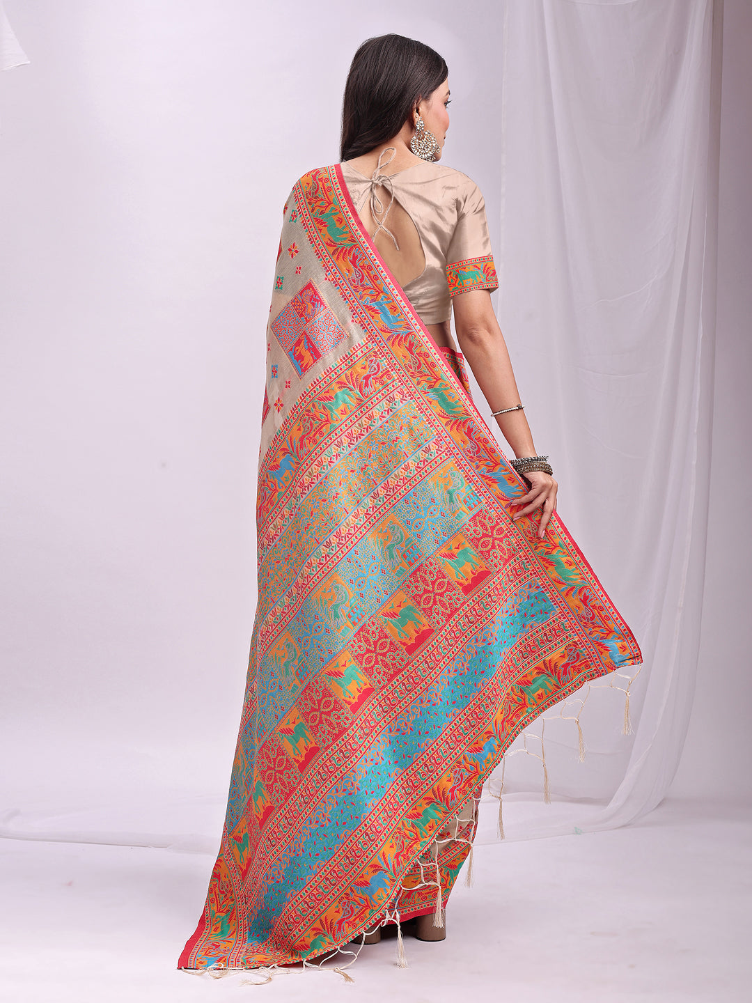Woven Thread Designer Off White Linen Cotton Traditional Rich Looks Saree