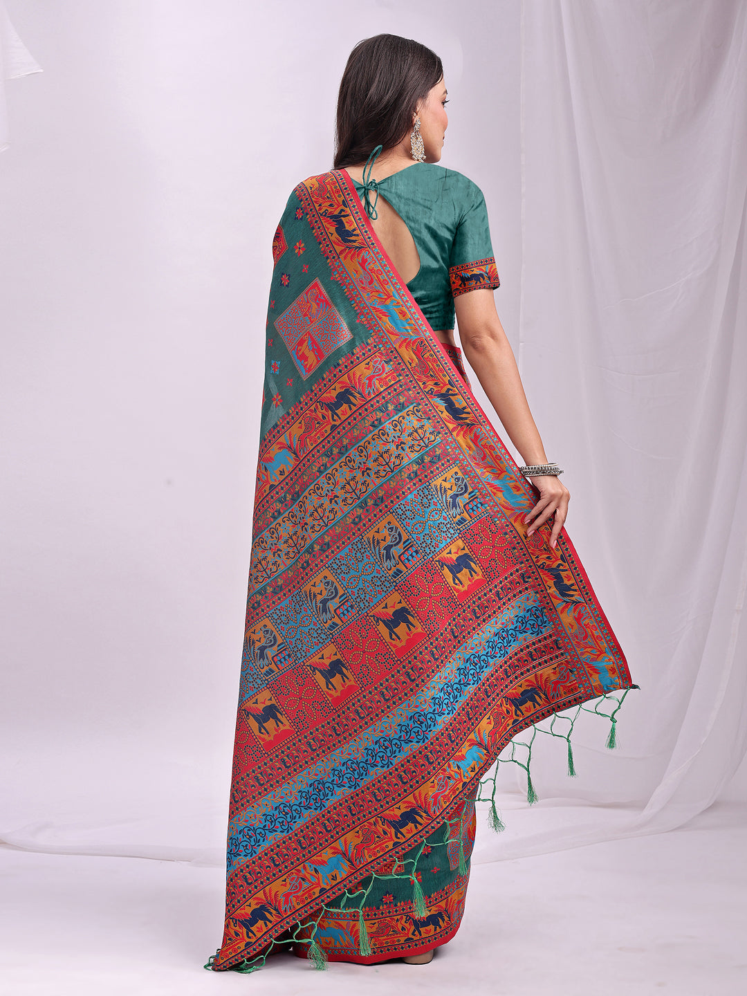 Woven Thread Designer Rama Green Linen Cotton Traditional Rich Looks Saree