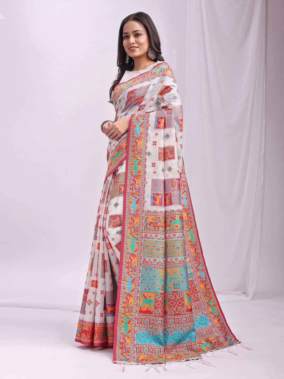 Woven Thread Designer White Linen Cotton Traditional Rich Looks Saree