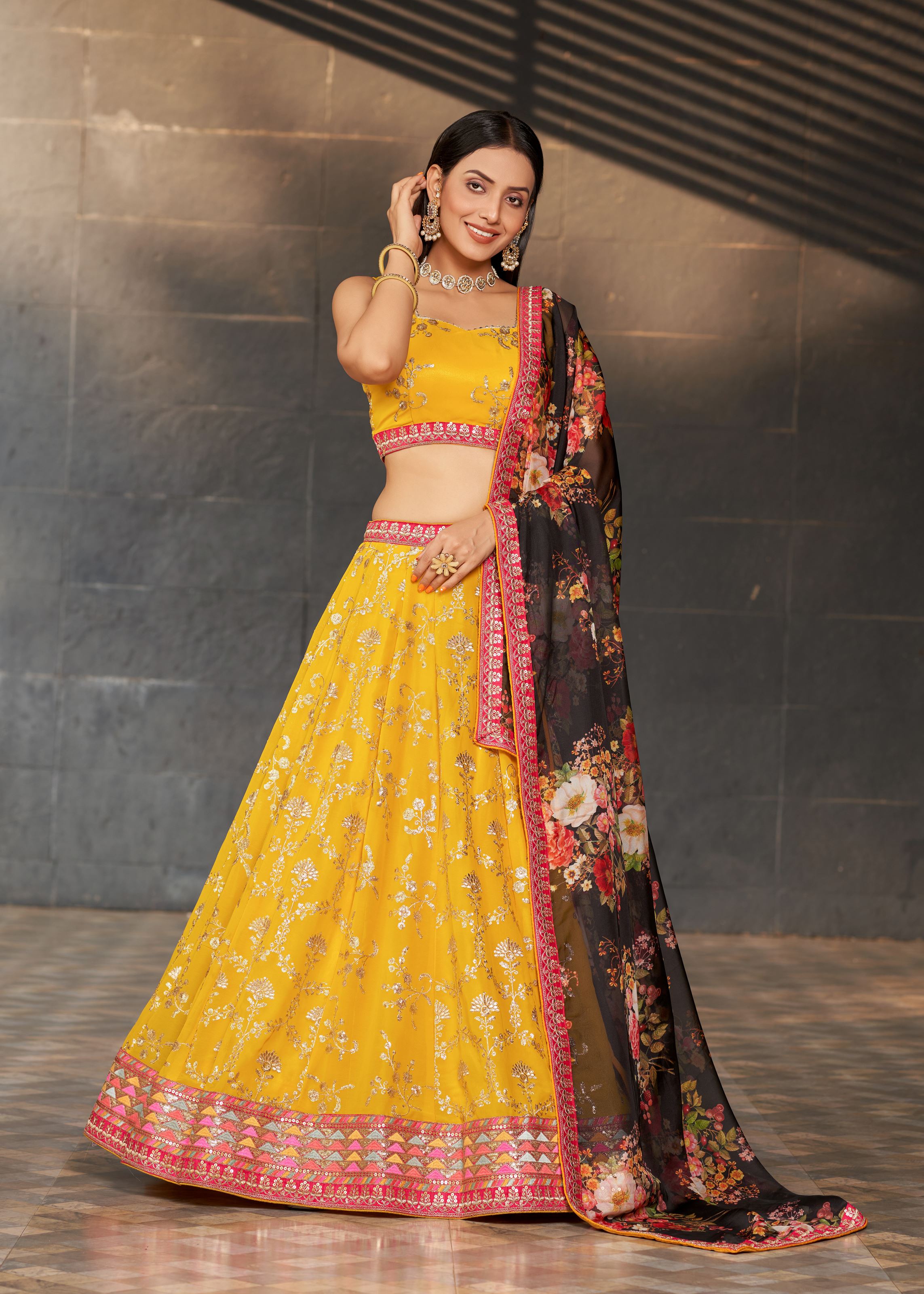 Yellow-Black Lehenga Choli With Sequins, Zari, Thread And Dori Work Embroidery With Digital Print