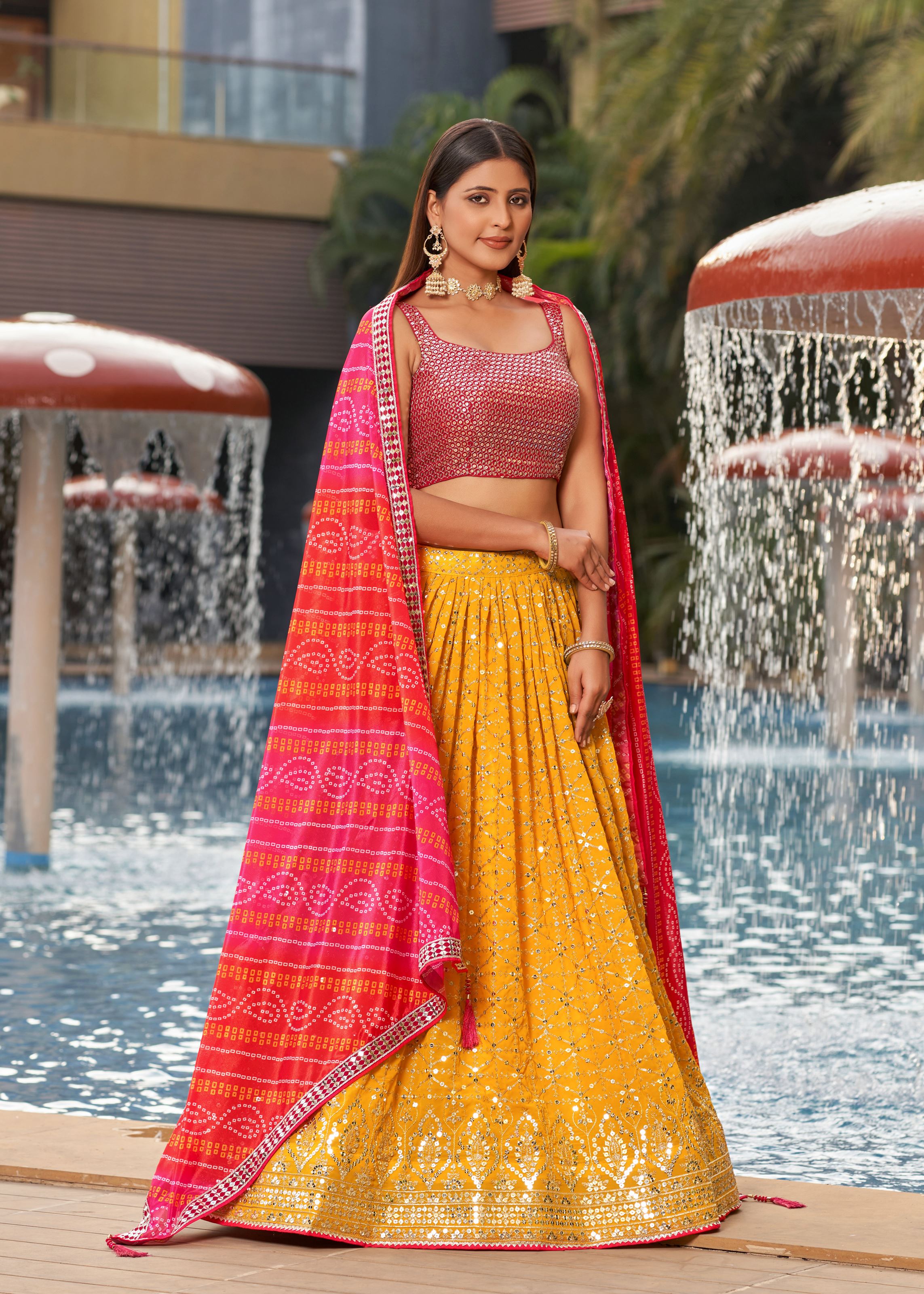 Yellow-Pink Lehenga Choli With Zari And Sequins Embroidery Work With Digital Print