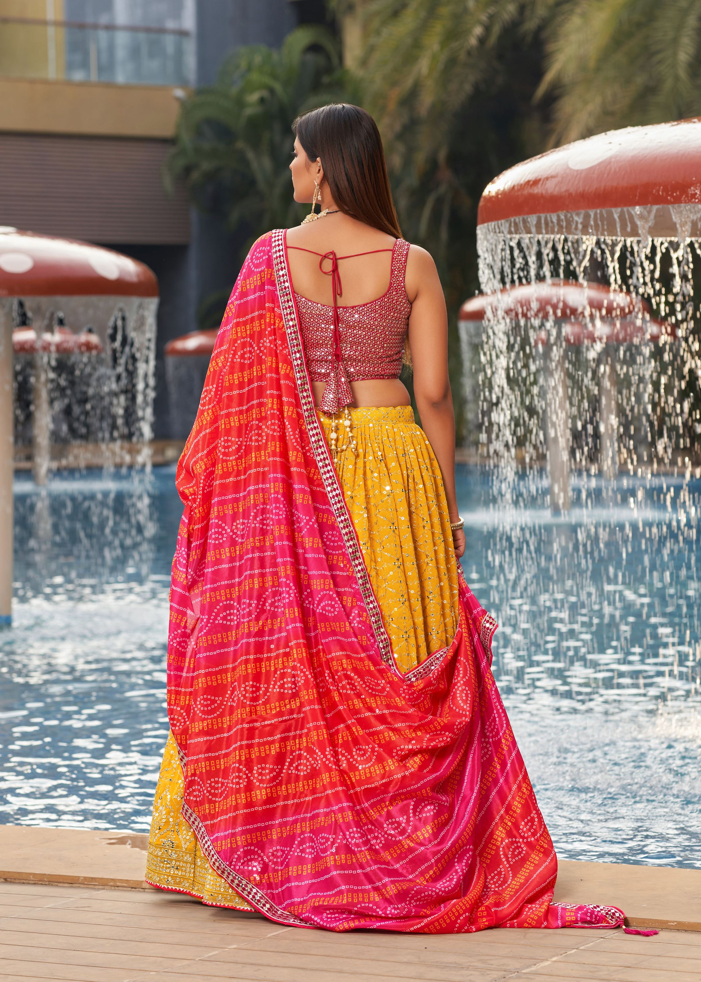 Yellow-Pink Lehenga Choli With Zari And Sequins Embroidery Work With Digital Print