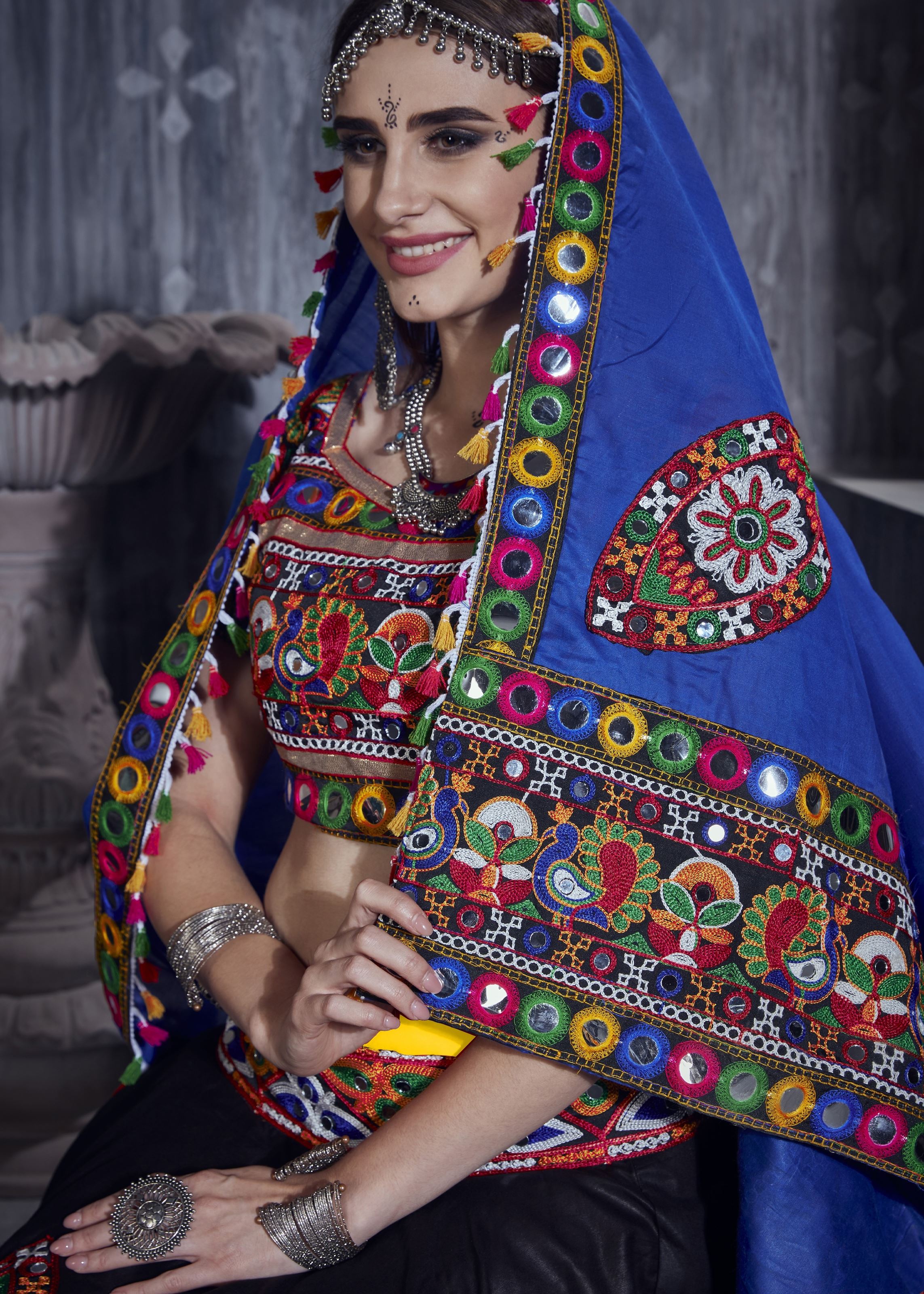 Yellow And Black Navratri Chaniya Choli With Gamthi Work And Lace Work With Mirror