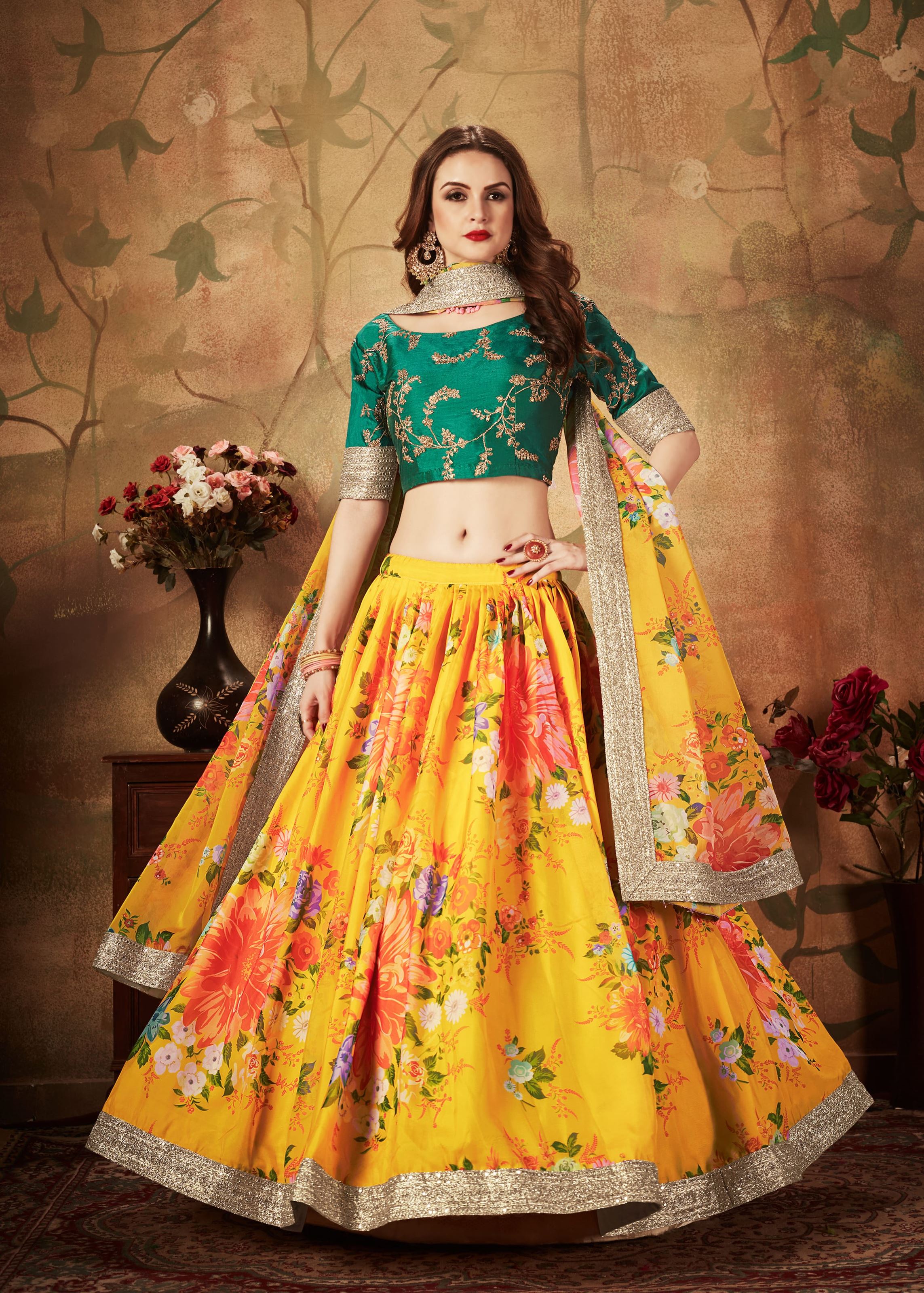 Yellow And Green Lehenga Choli With Digital Print & Dori, Zari And Sequins Embroidery Work