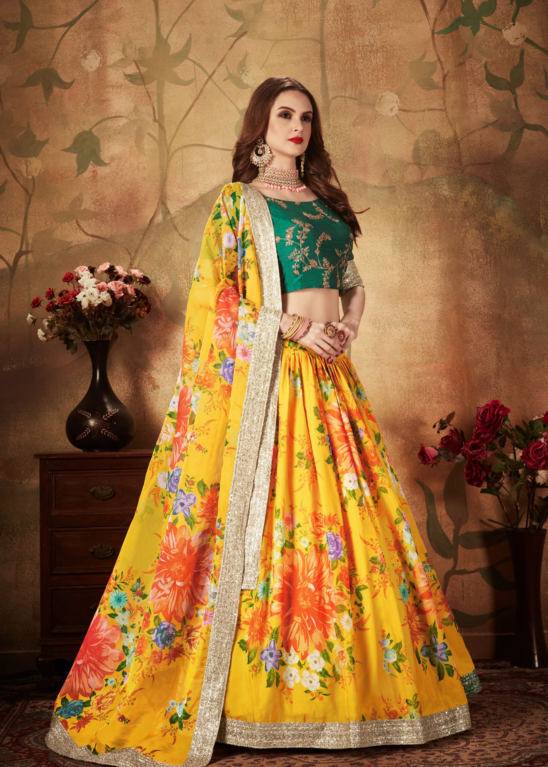 Yellow And Green Lehenga Choli With Digital Print & Dori, Zari And Sequins Embroidery Work