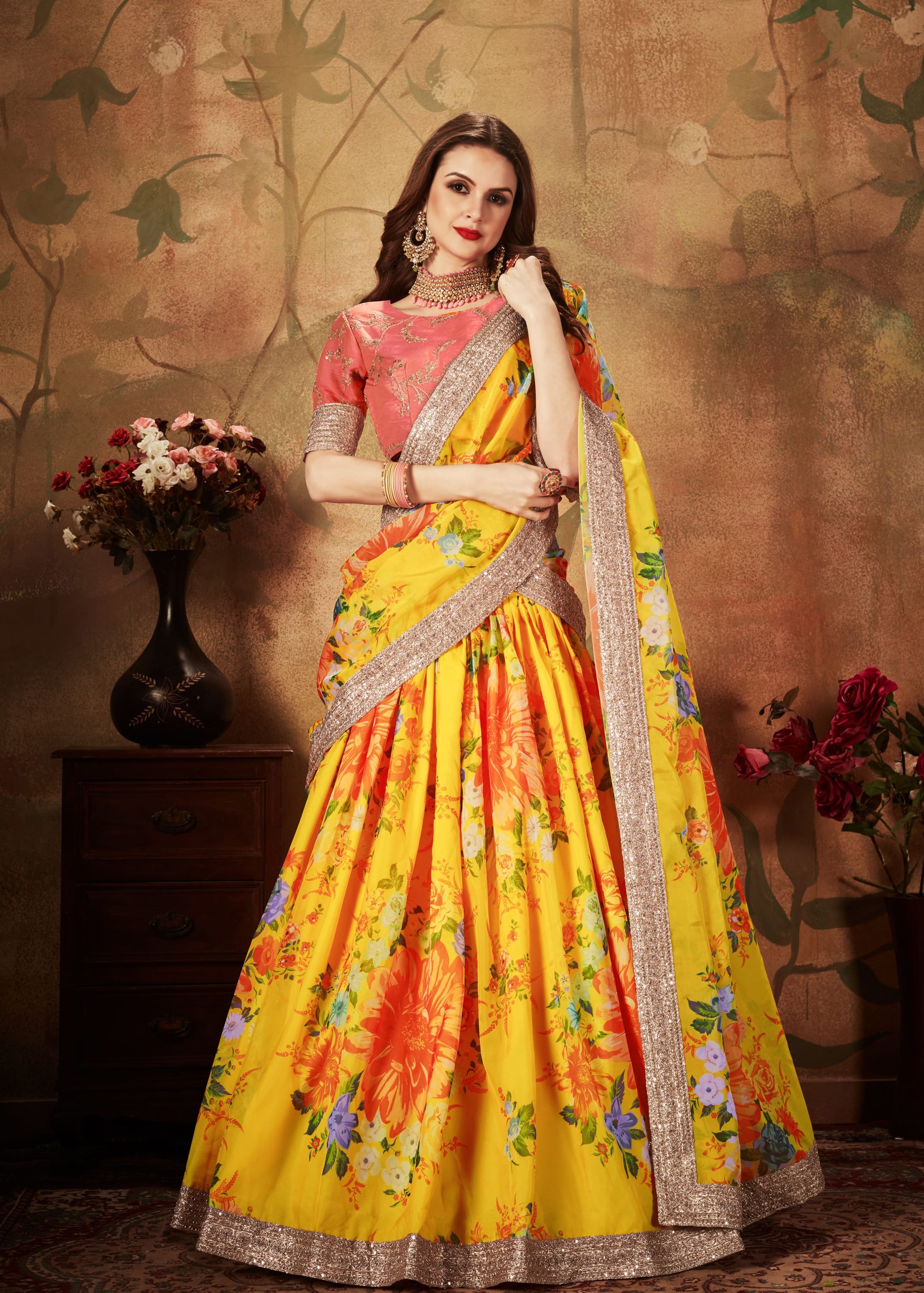 Yellow And Orange Lehenga Choli With Digital Print & Dori, Zari And Sequins Embroidery Work