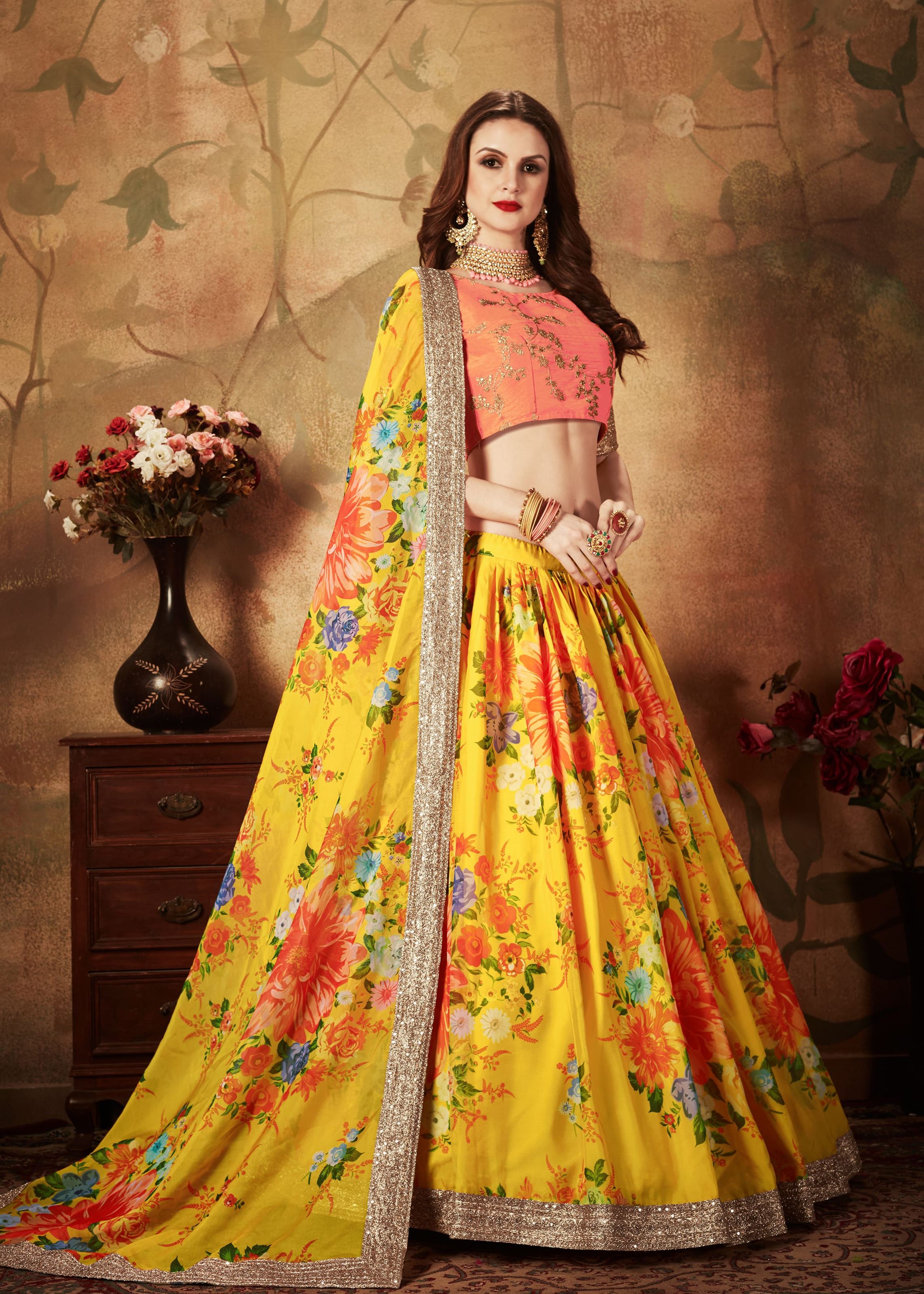 Yellow And Orange Lehenga Choli With Digital Print & Dori, Zari And Sequins Embroidery Work