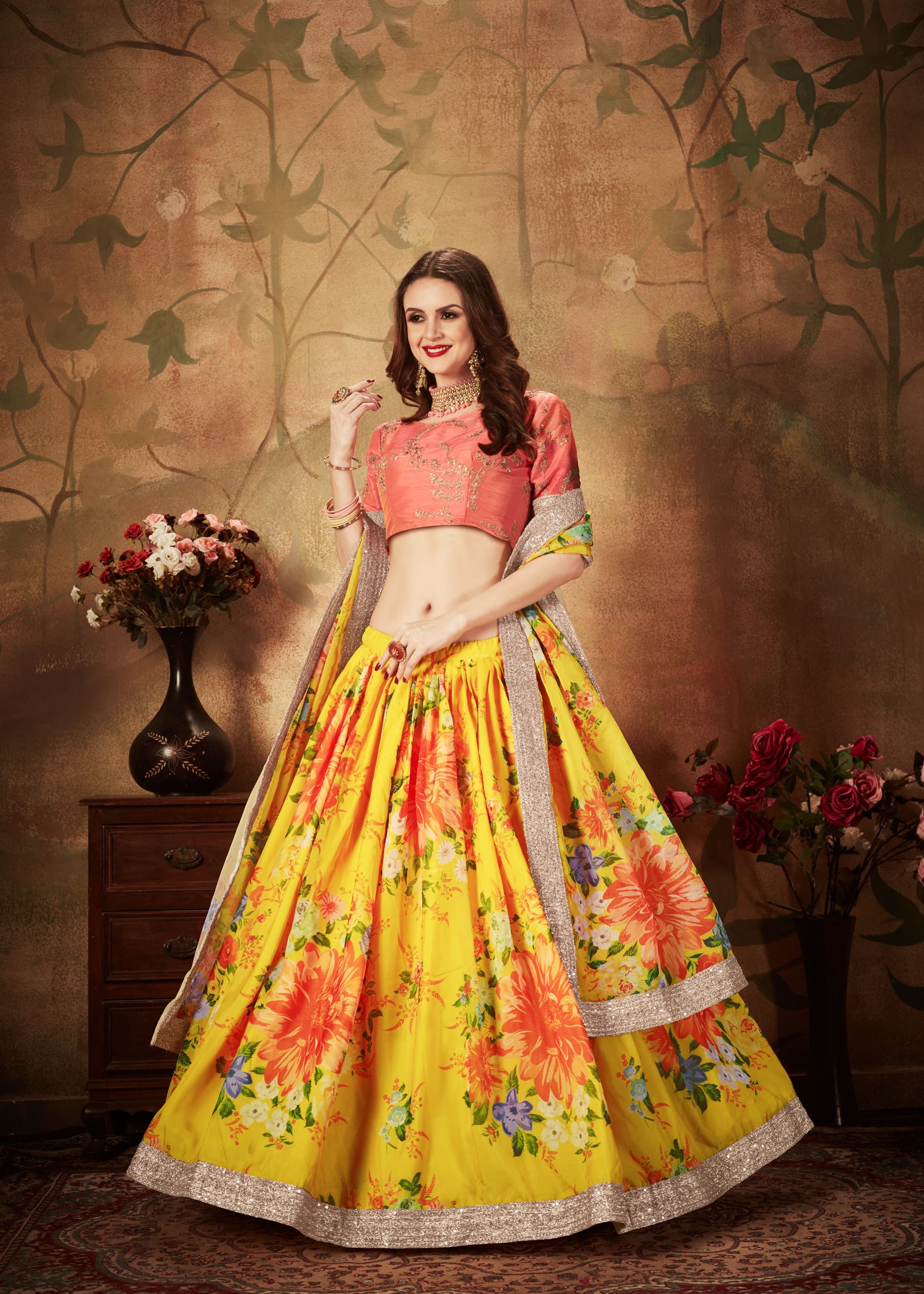 Yellow And Orange Lehenga Choli With Digital Print & Dori, Zari And Sequins Embroidery Work