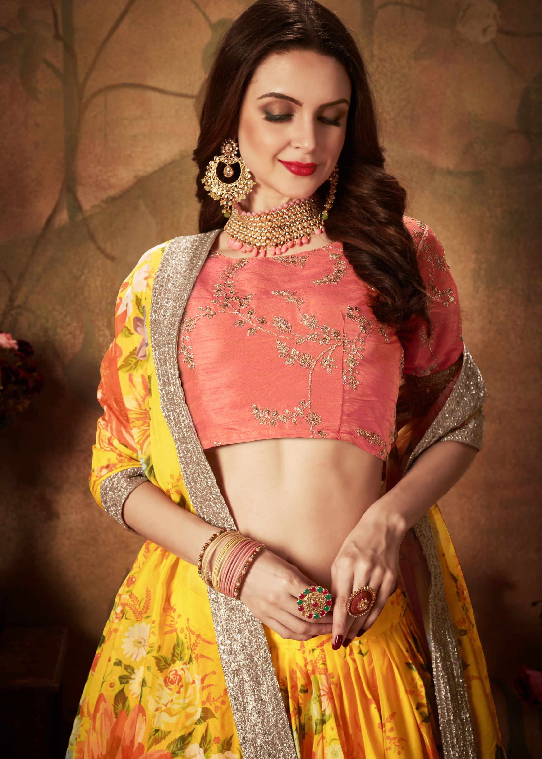 Yellow And Orange Lehenga Choli With Digital Print & Dori, Zari And Sequins Embroidery Work