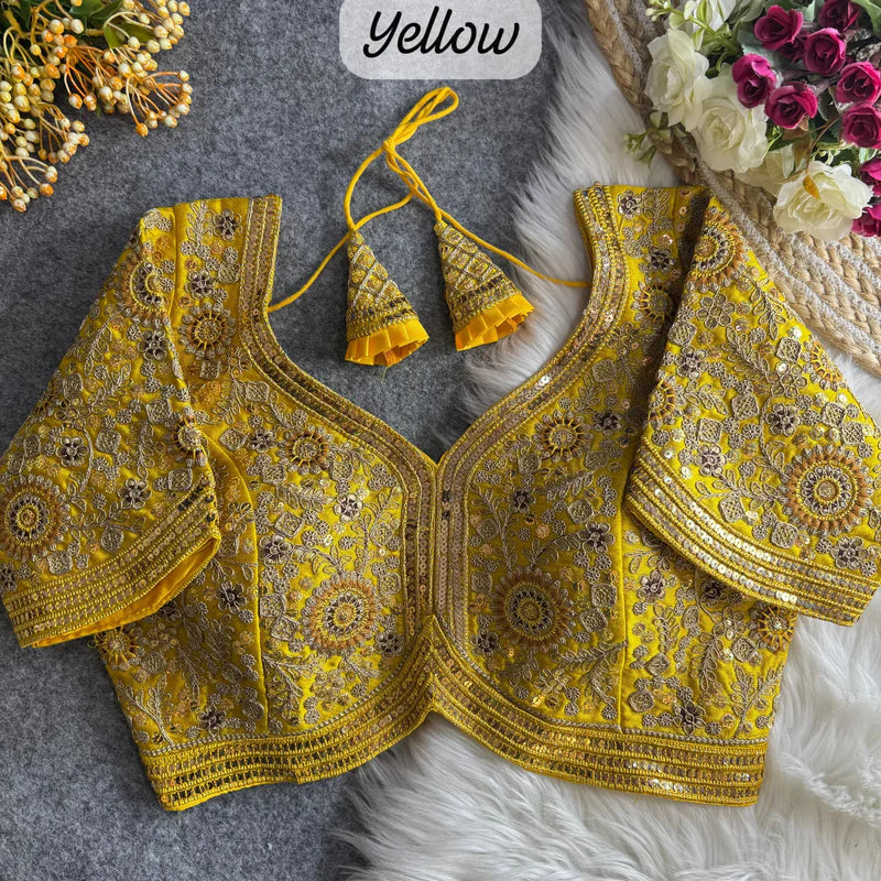 Yellow Apple Cut Heavy Cording & Thread Work Bridal Blouse in Italian Silk with Embroidery & Sequins