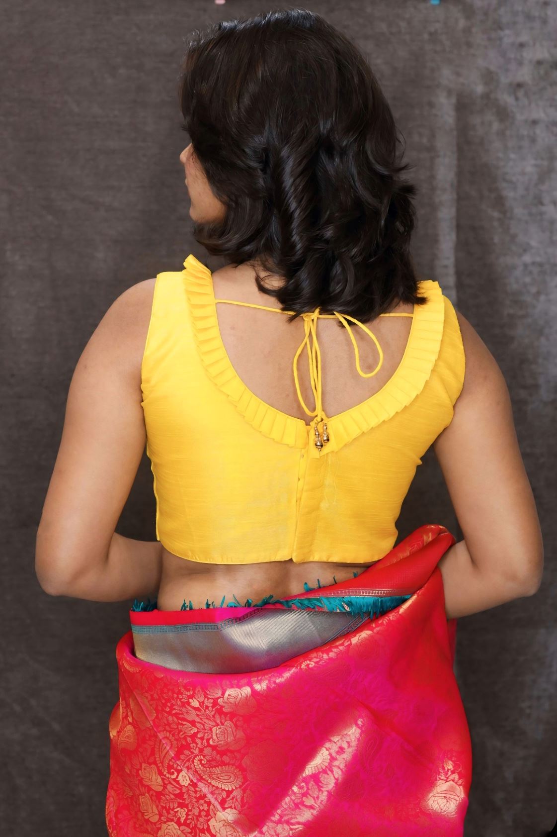 Yellow Art Silk Blouse With V Neckline and Frill