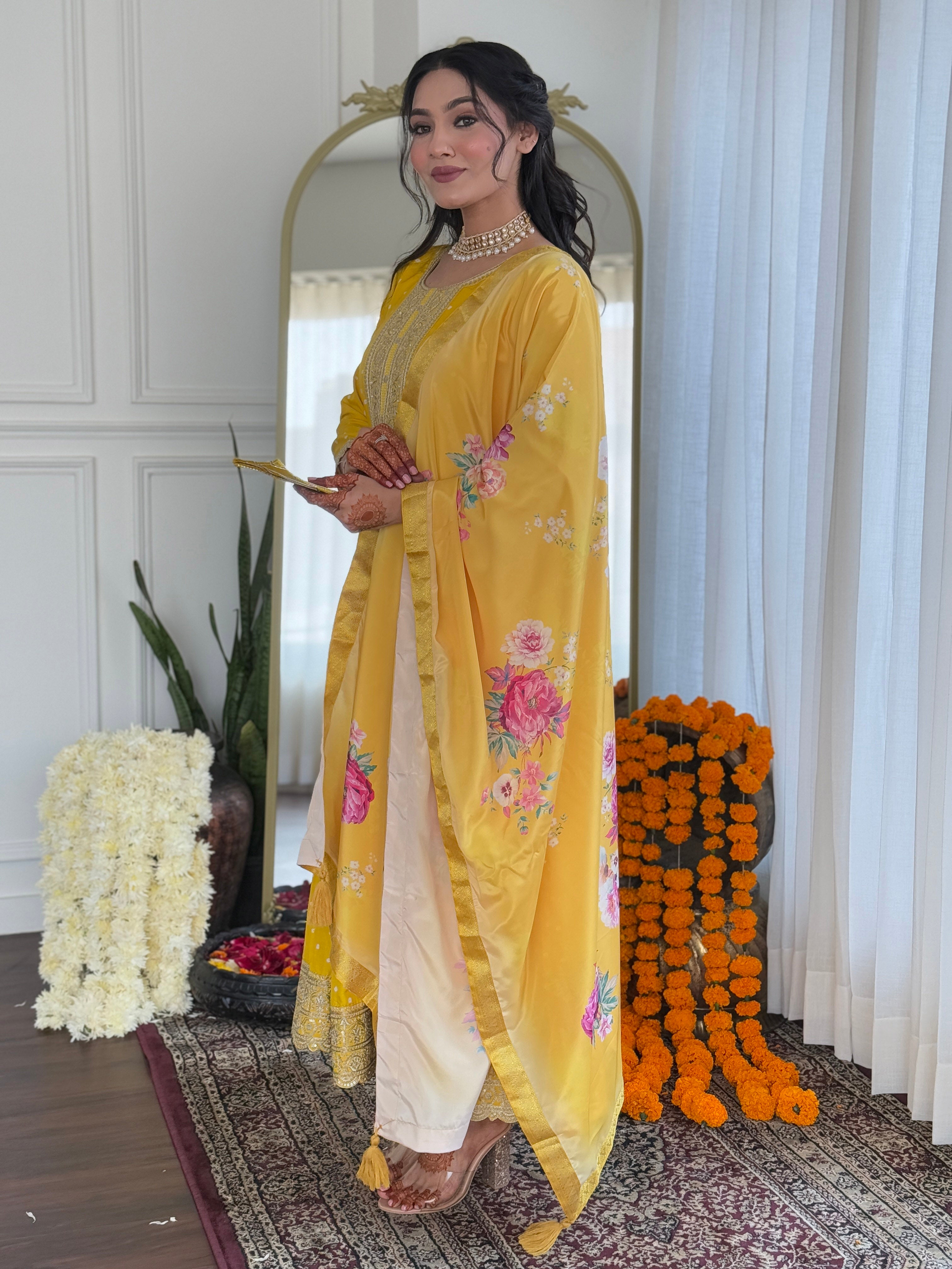 Yellow Art Silk Elegant Kurta Pant Set With Embroidery Work