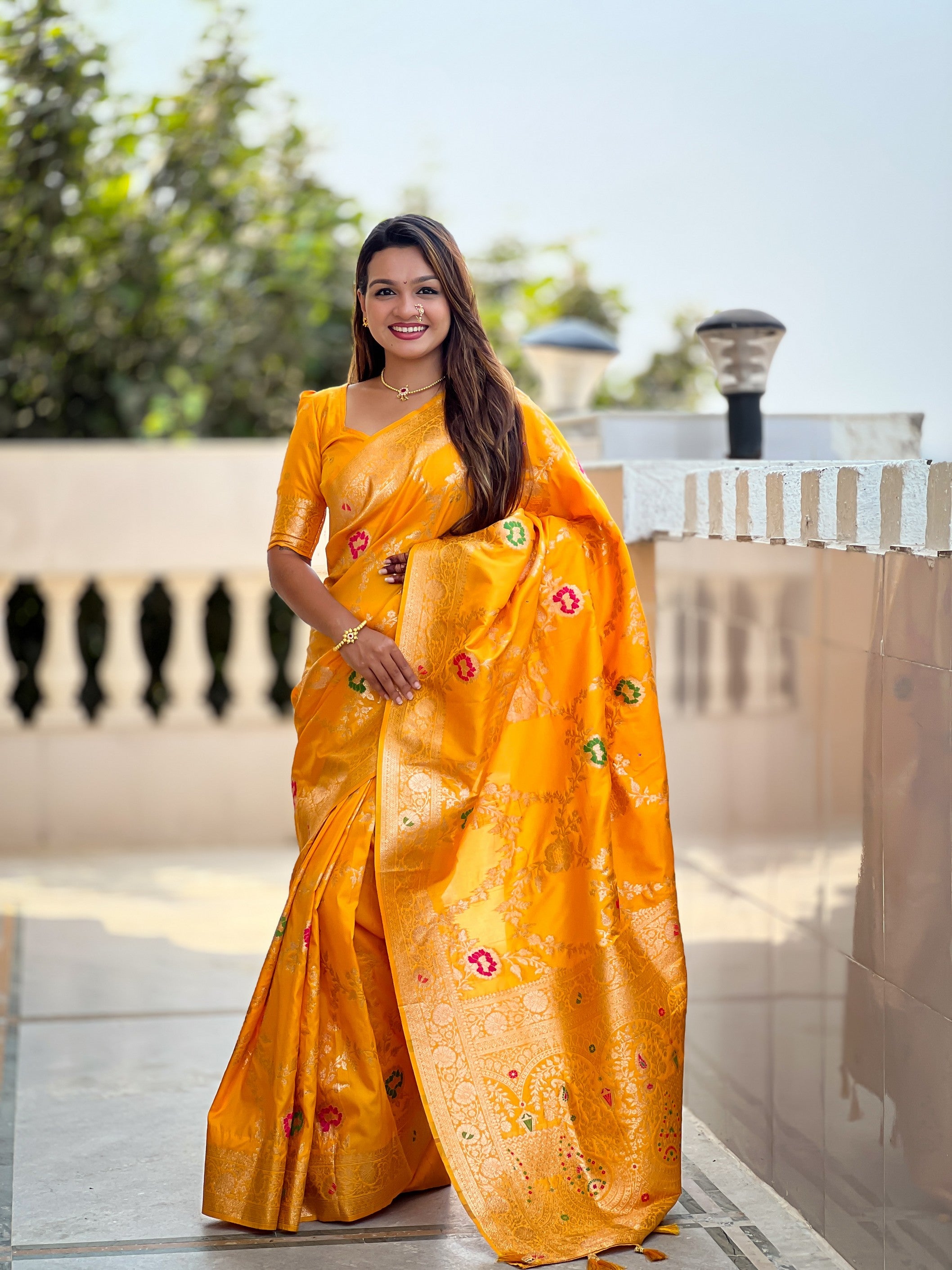 Yellow Banarasi Silk Saree With Traditional Woven Meenakari Designer Traditional Looks