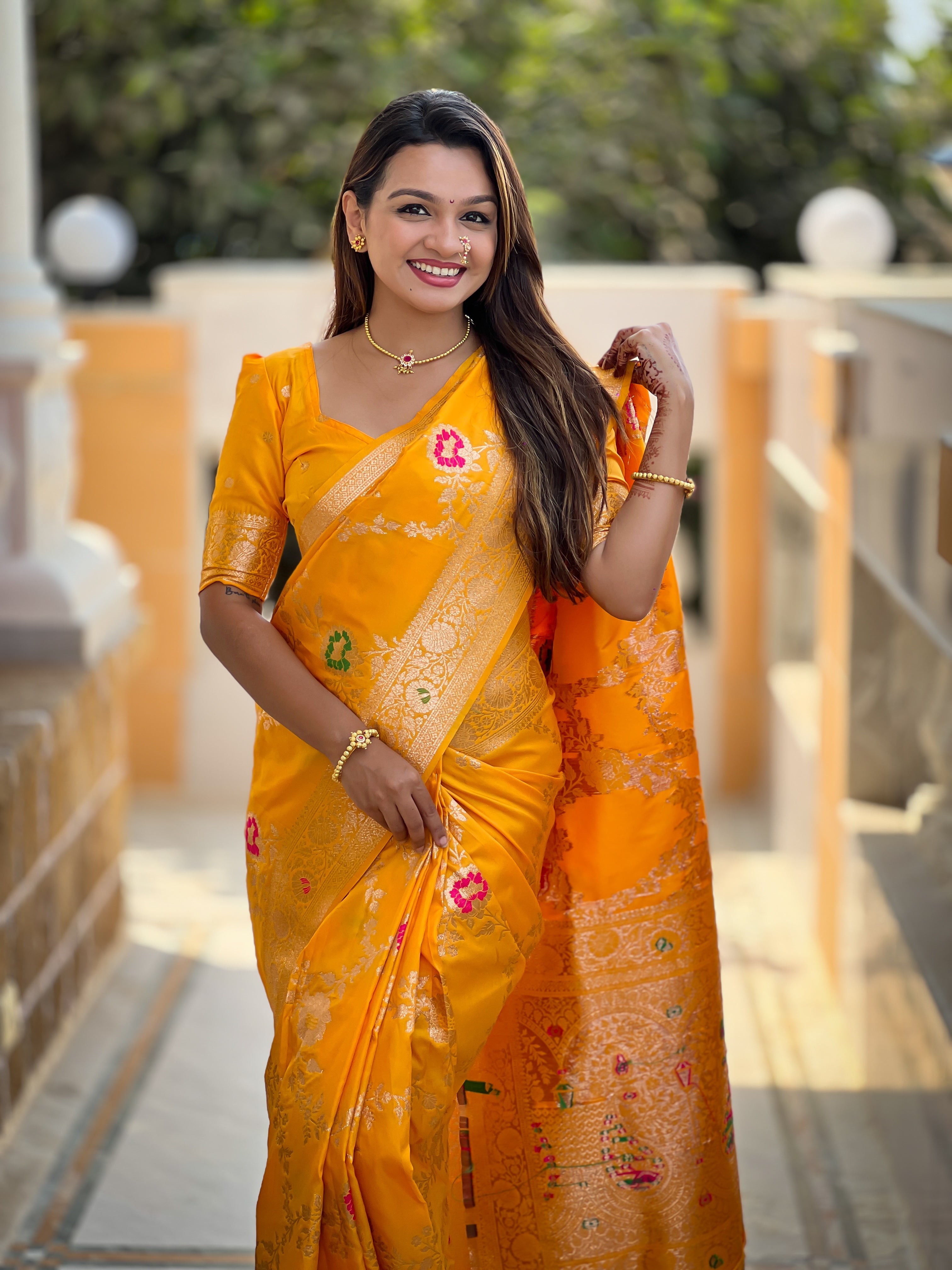Yellow Banarasi Silk Saree With Traditional Woven Meenakari Designer Traditional Looks