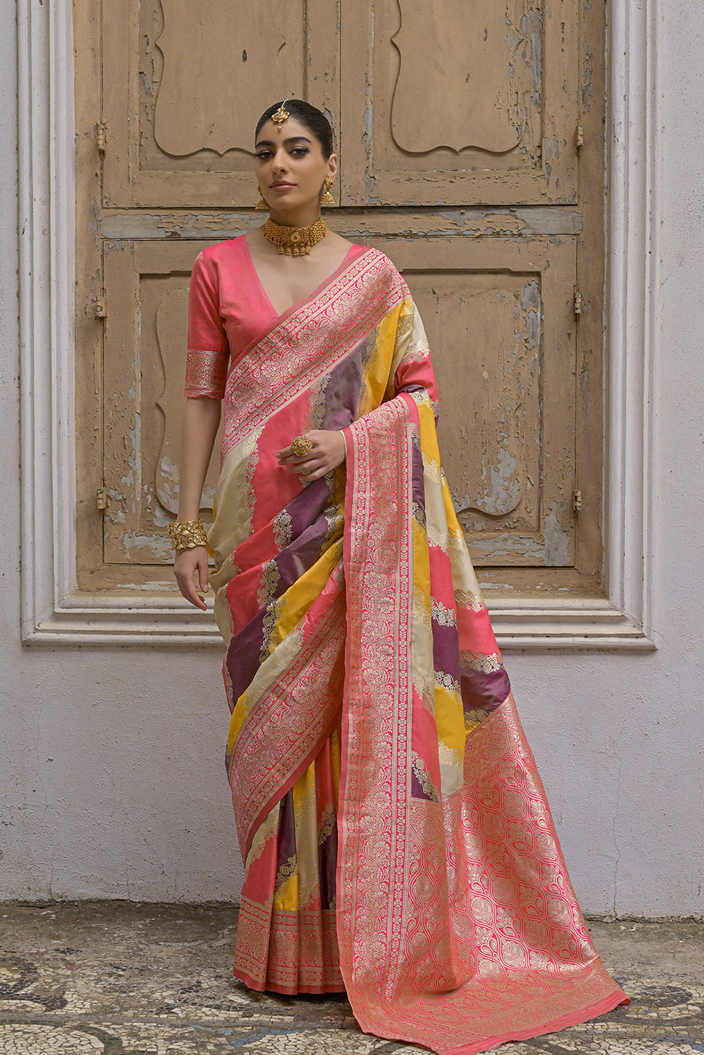 Yellow Banarasi Silk Saree with Leriya Zari and Contrast Pallu