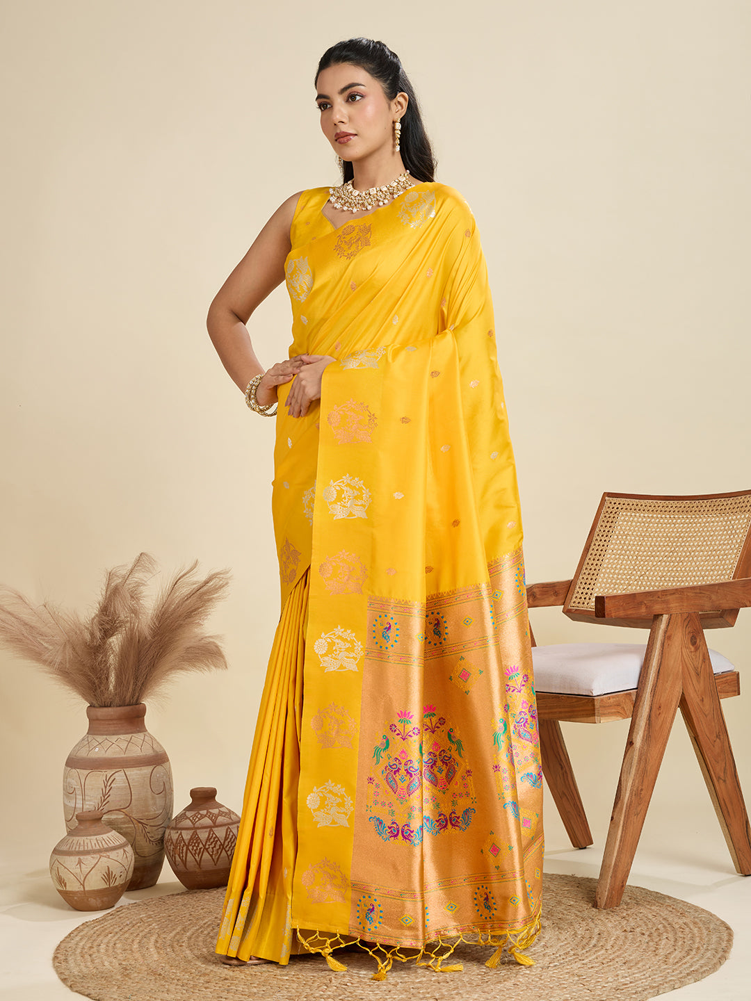Yellow Banarasi Silk Saree with Silver Butti and Paithani Pallu