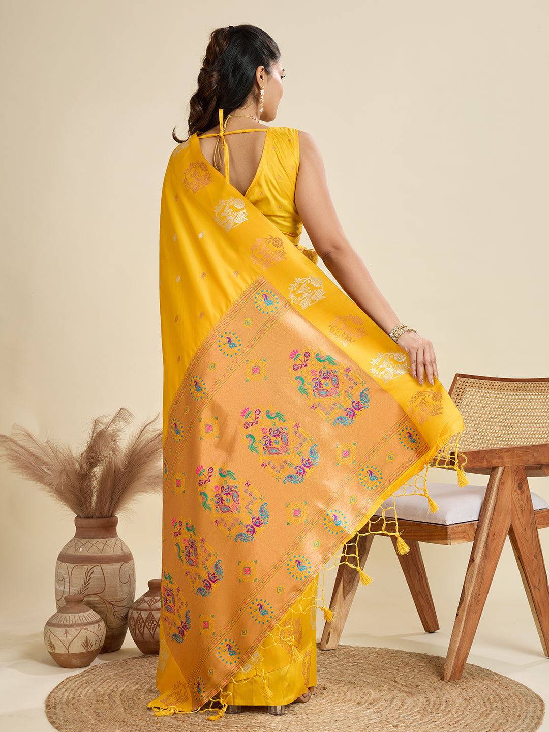 Yellow Banarasi Silk Saree with Silver Butti and Paithani Pallu