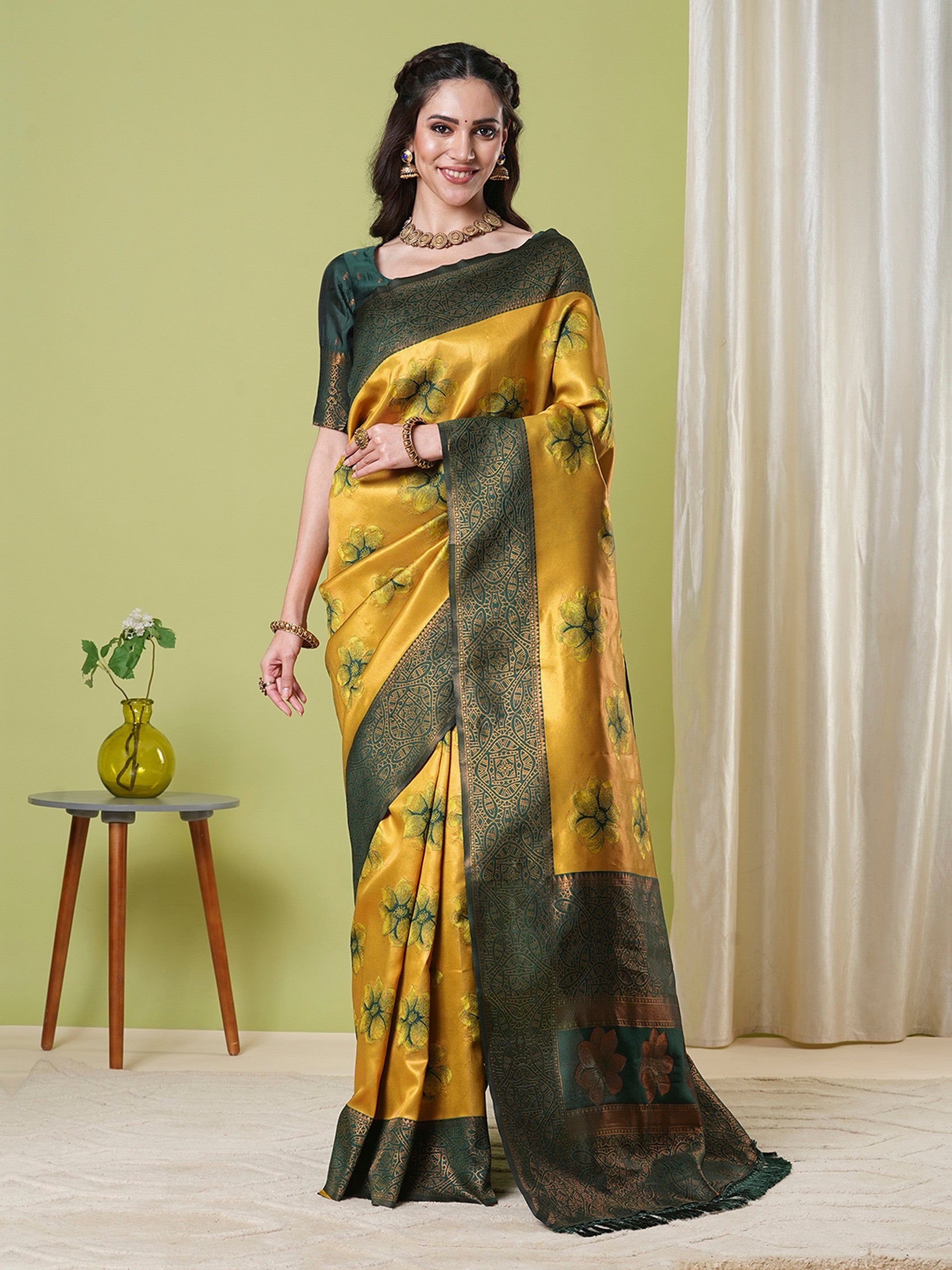 Yellow Banarasi Silk Woven Jacquard Designer Partywear Saree