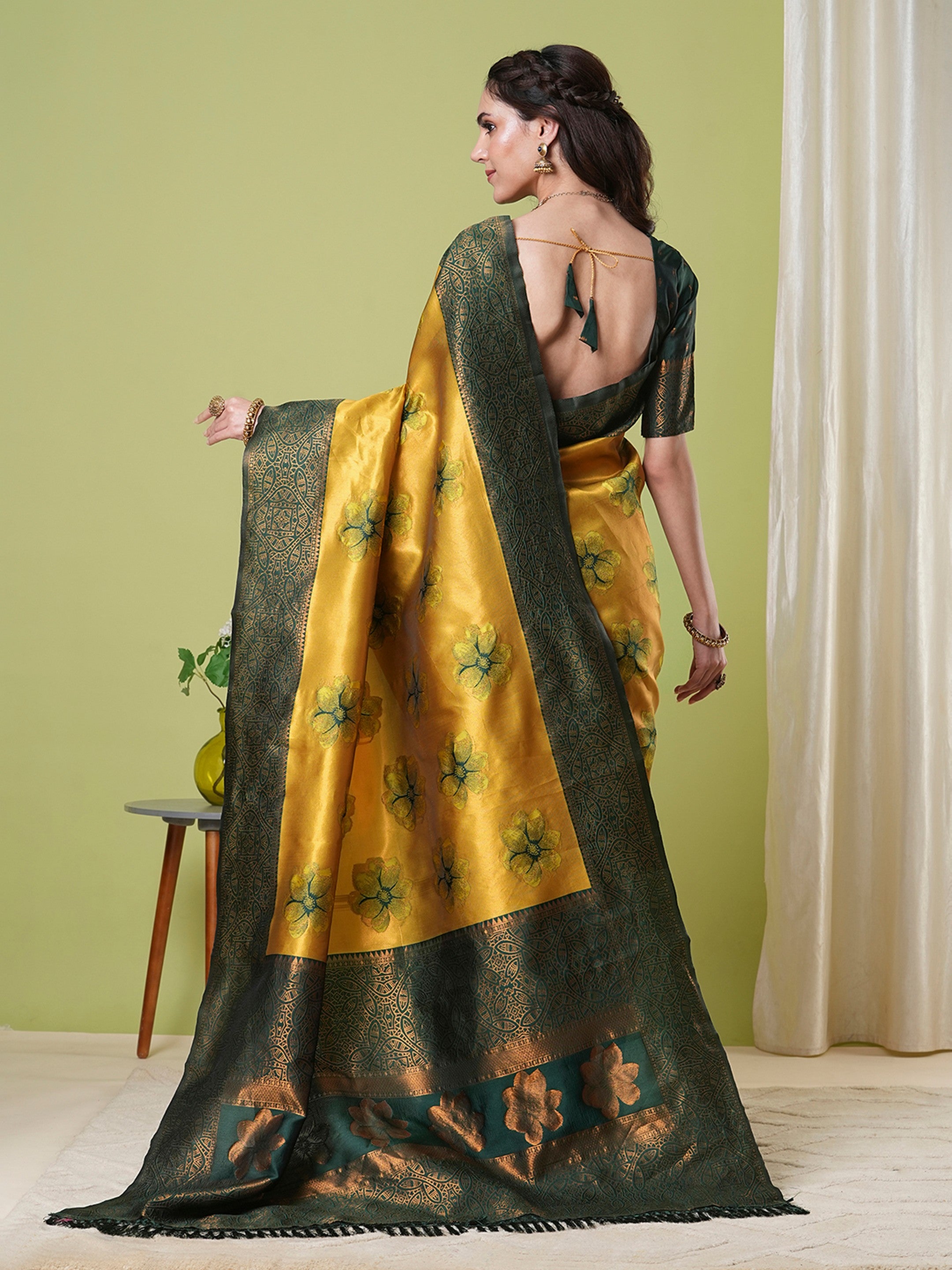 Yellow Banarasi Silk Woven Jacquard Designer Partywear Saree