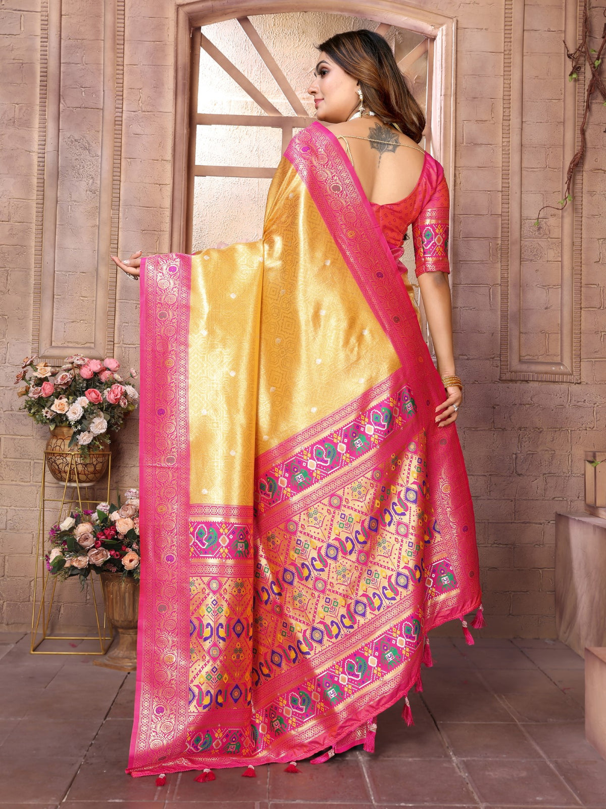 Yellow Banarasi Tissue Silk Saree With Traditional Weaving