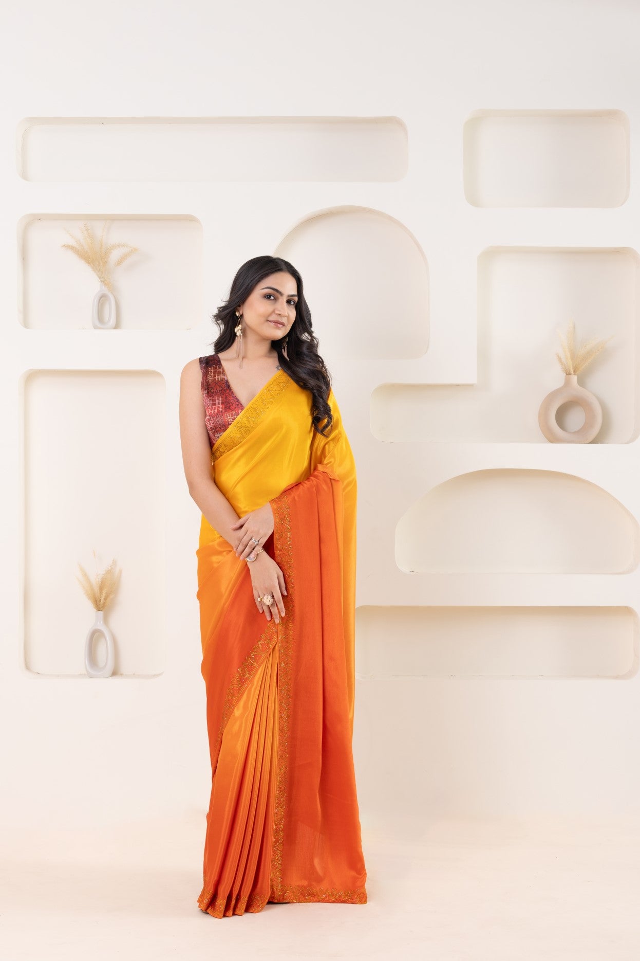 Yellow Beautiful Bollywood Style Satin Fabic Ready To Wear Saree