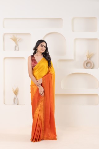 Yellow Beautiful Bollywood Style Satin Fabic Ready To Wear Saree