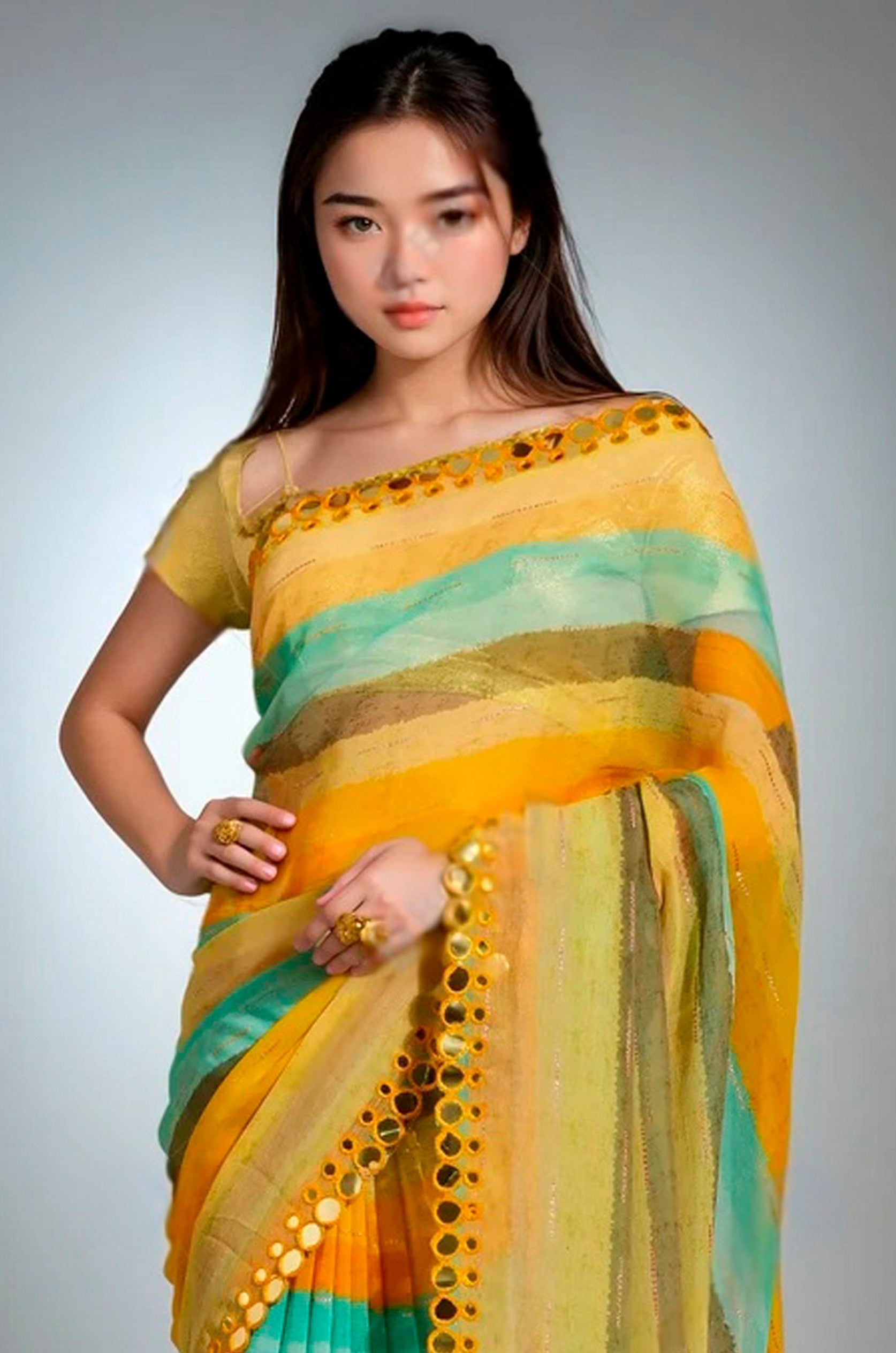 Yellow Beautiful Chiffon Designer Lariya Printed With Mirror Cut Work