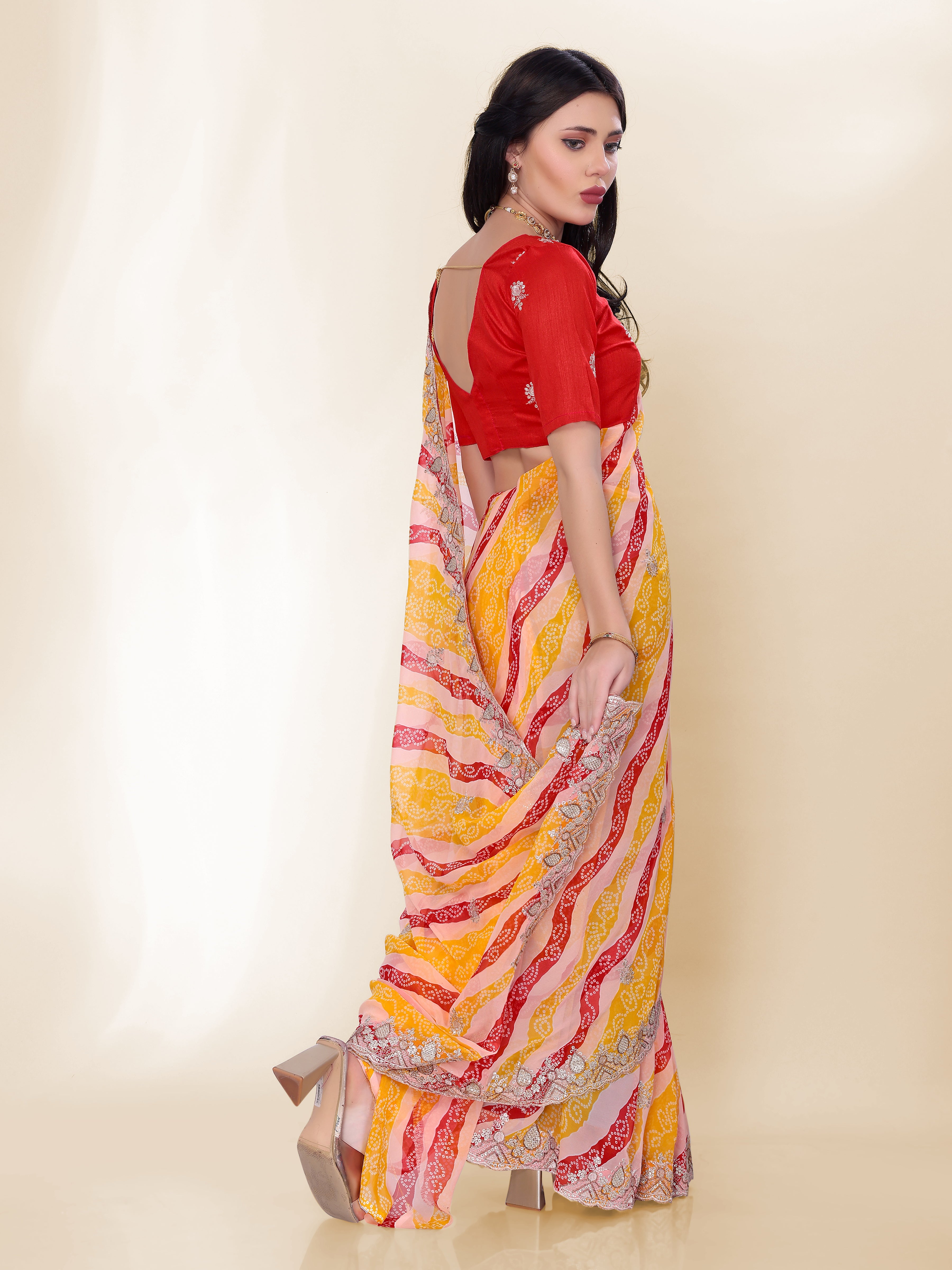 Yellow Beautiful Georgette Bandhej Printed Festive Saree