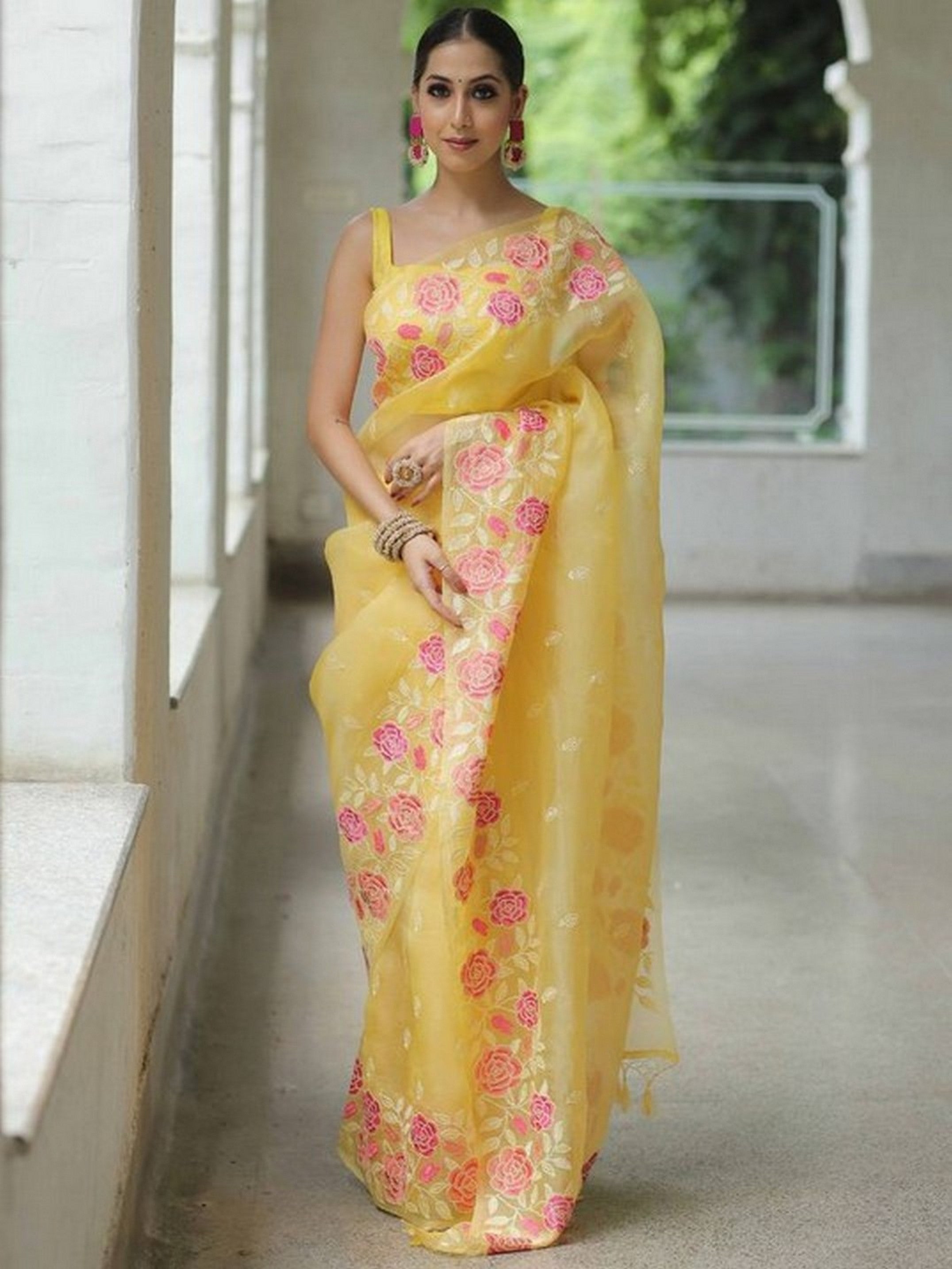 Yellow Beautiful Organza Ethnic Embroidered Girlie Saree