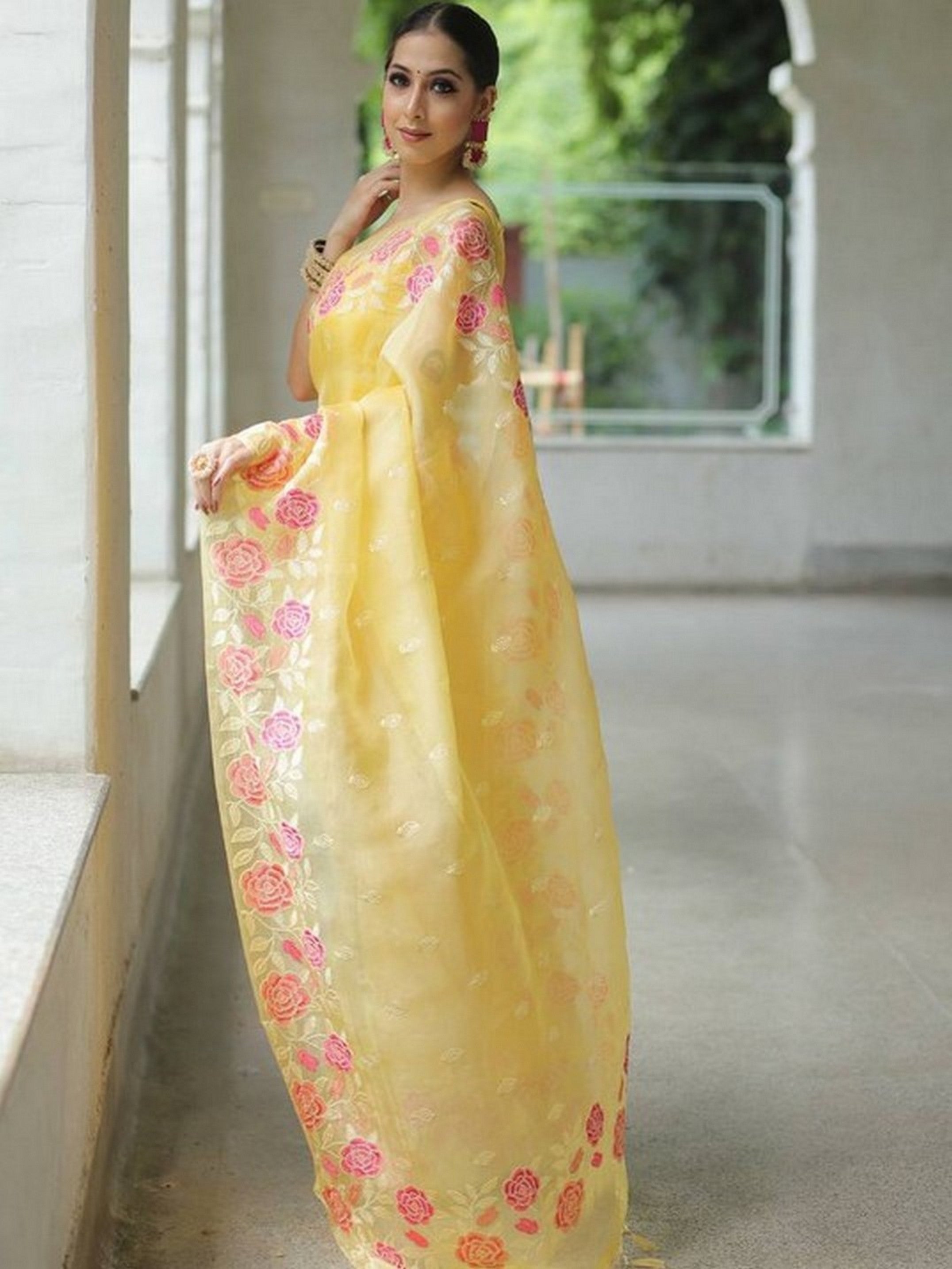 Yellow Beautiful Organza Ethnic Embroidered Girlie Saree