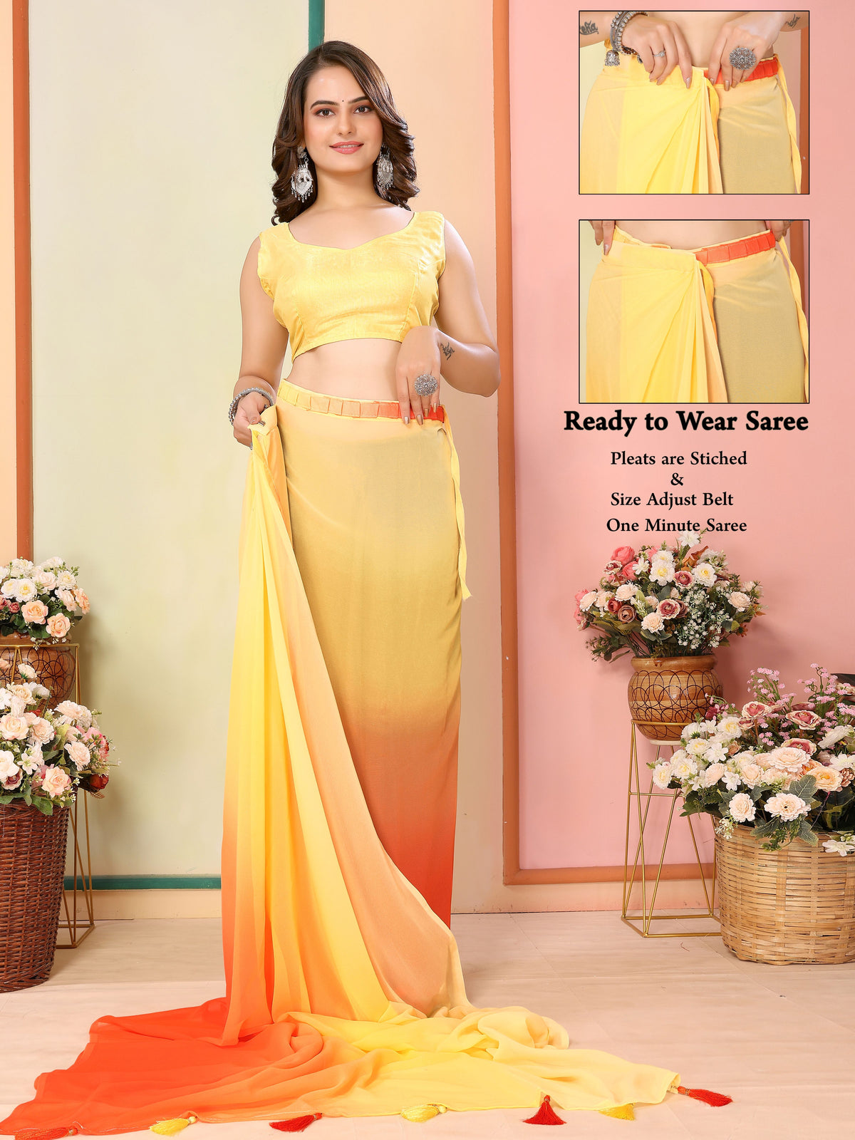 Yellow Beautiful Pedding Printed Georgette Ready To Wear Saree