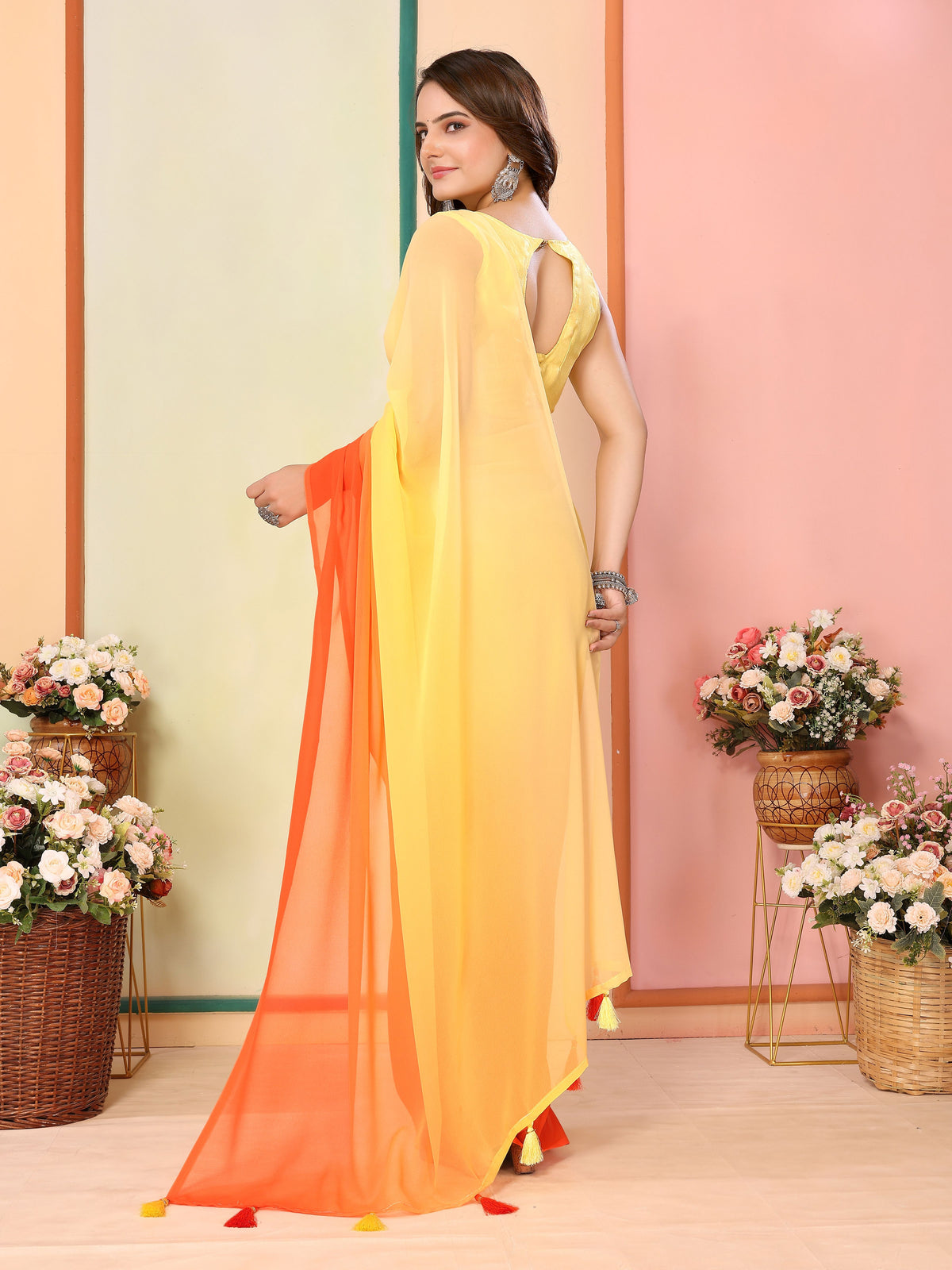 Yellow Beautiful Pedding Printed Georgette Ready To Wear Saree