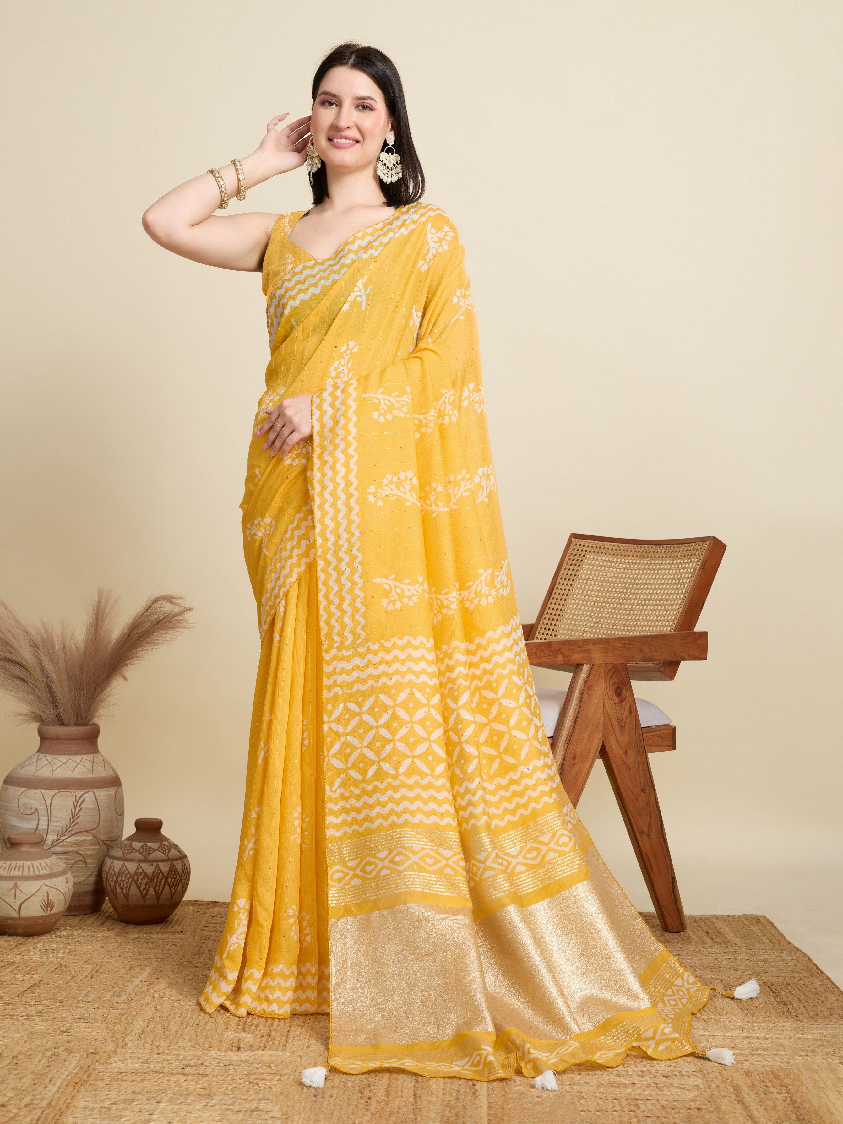 Yellow Blended Cotton Ethnic Festive Saree