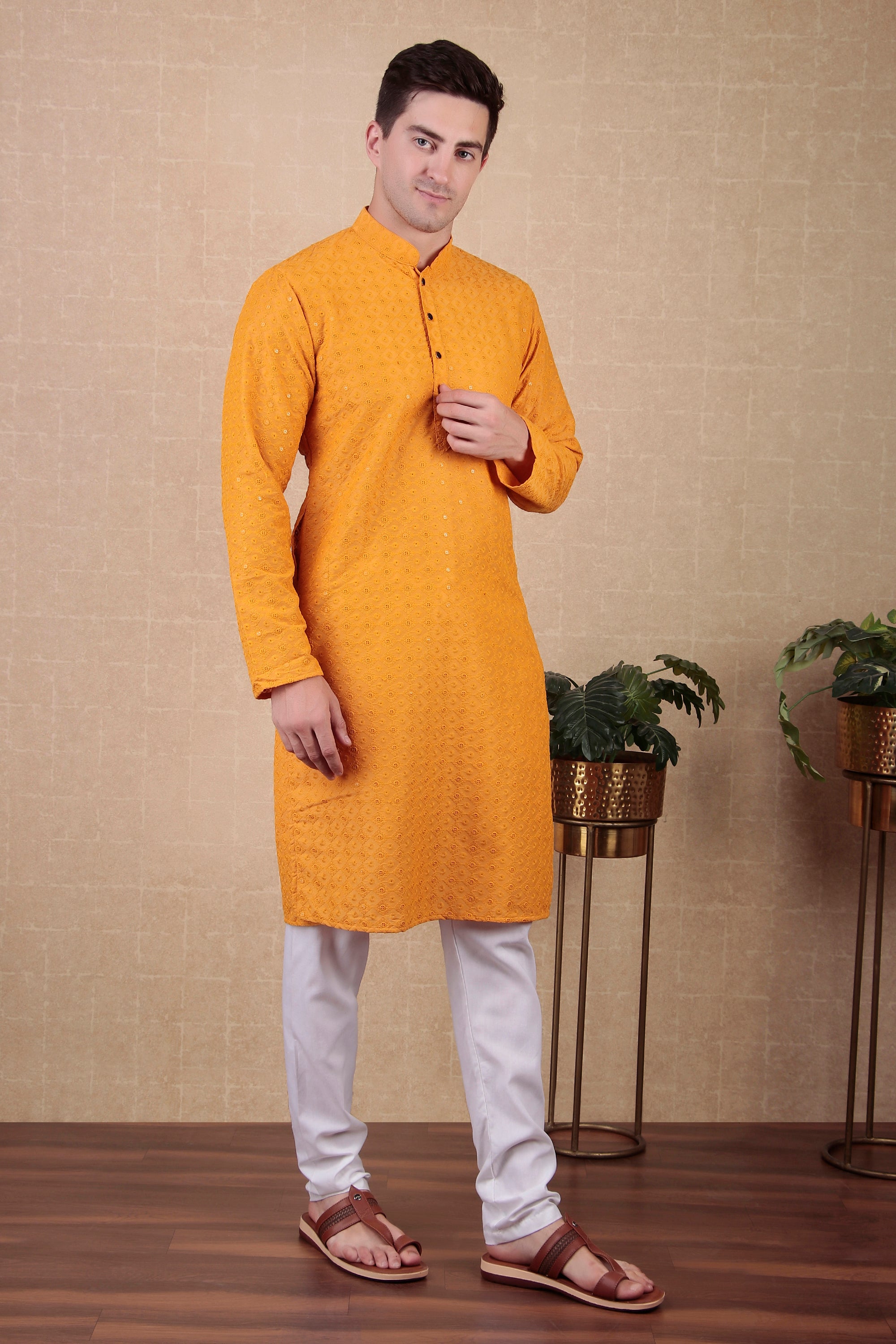 Yellow Bollywood Style Kurta Payjama Set with Sequins – Bright and Festive