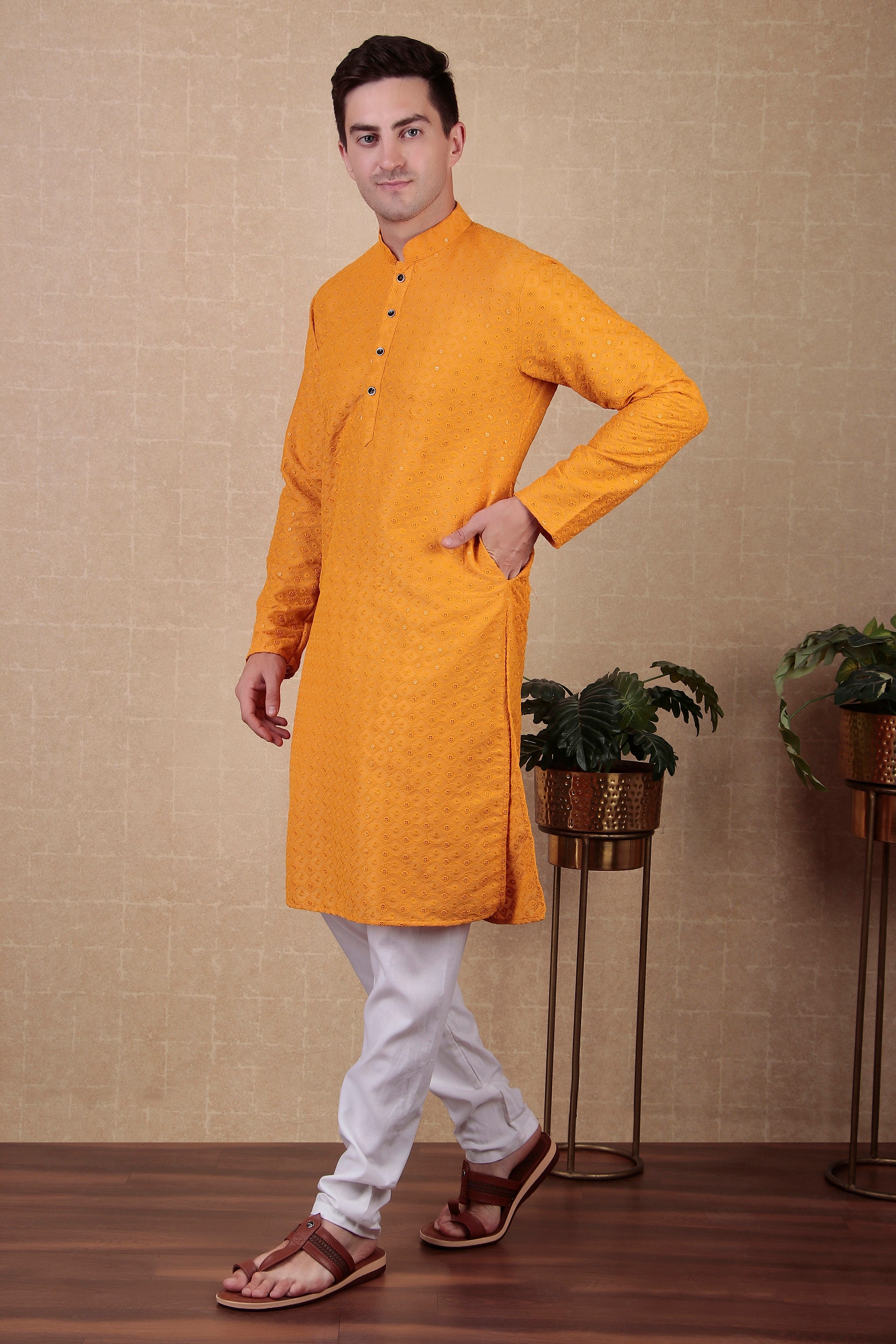 Yellow Bollywood Style Kurta Payjama Set with Sequins – Bright and Festive