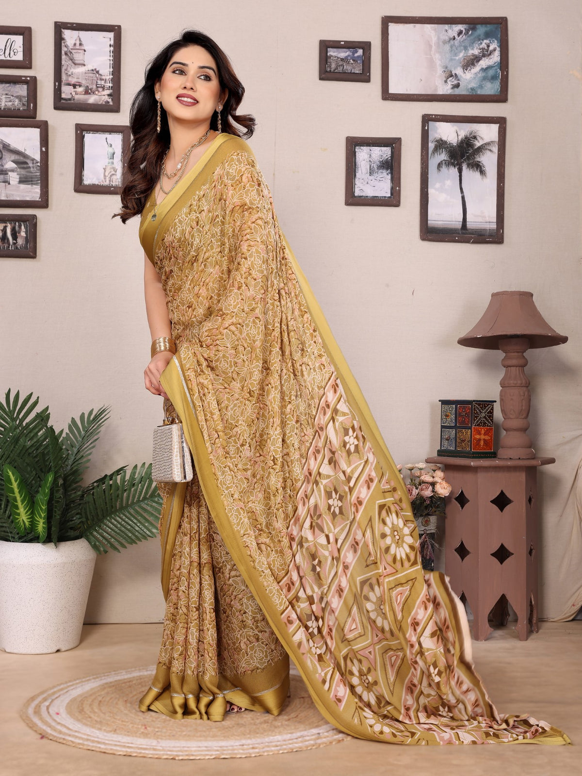 Yellow Bright Moss Printed Saree With Zari Work