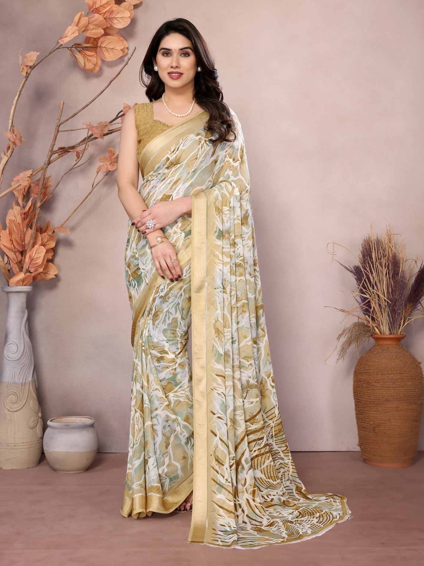 Yellow Bright Moss Satin Patta Saree With Printed