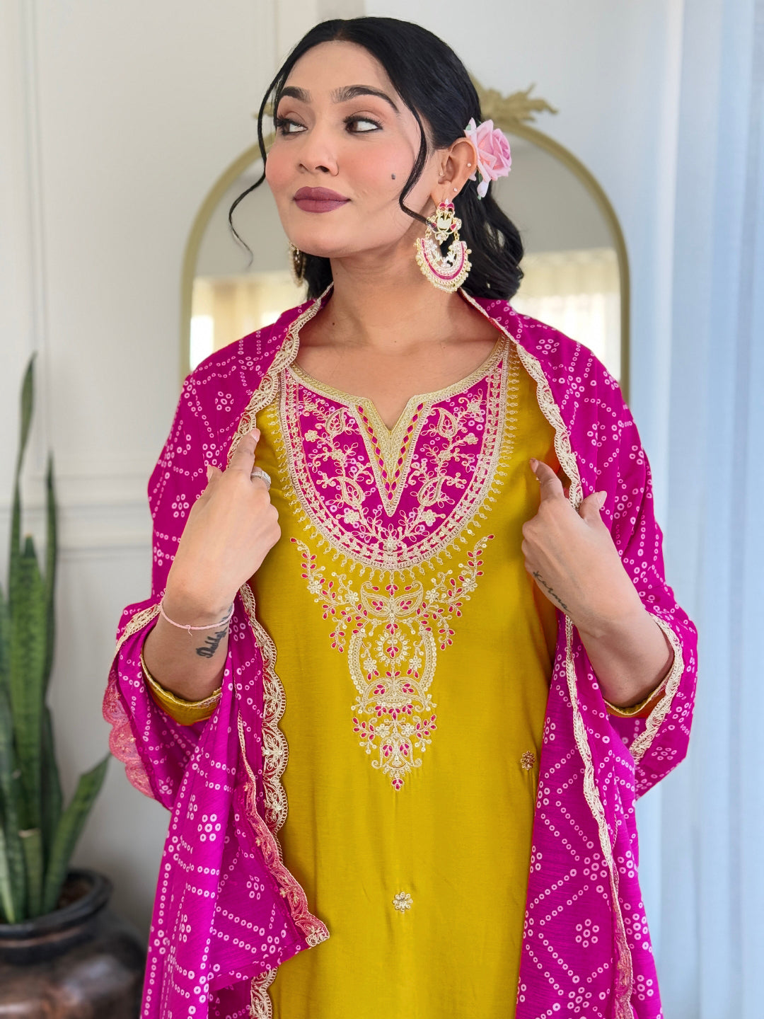 Yellow Bsy Viscose Elegant Kurta Pant Set With Embroidery Work