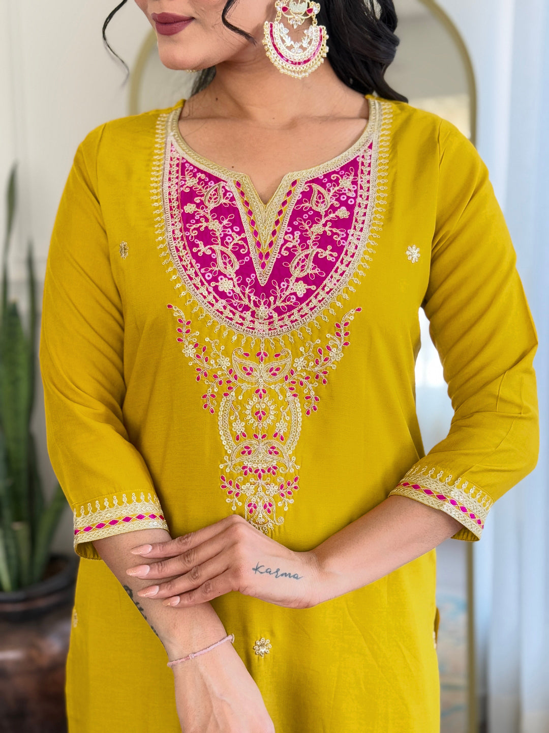 Yellow Bsy Viscose Elegant Kurta Pant Set With Embroidery Work