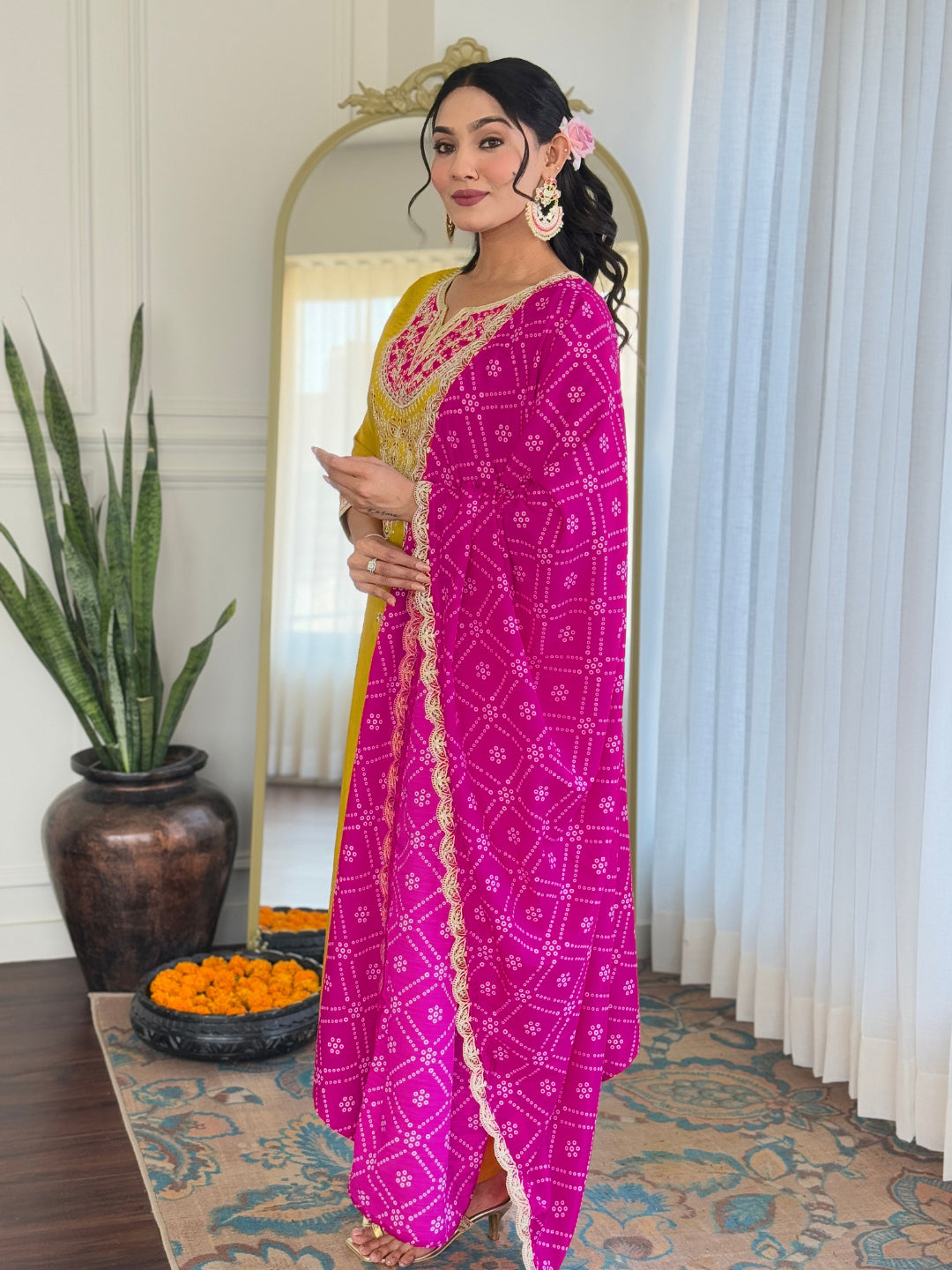 Yellow Bsy Viscose Elegant Kurta Pant Set With Embroidery Work