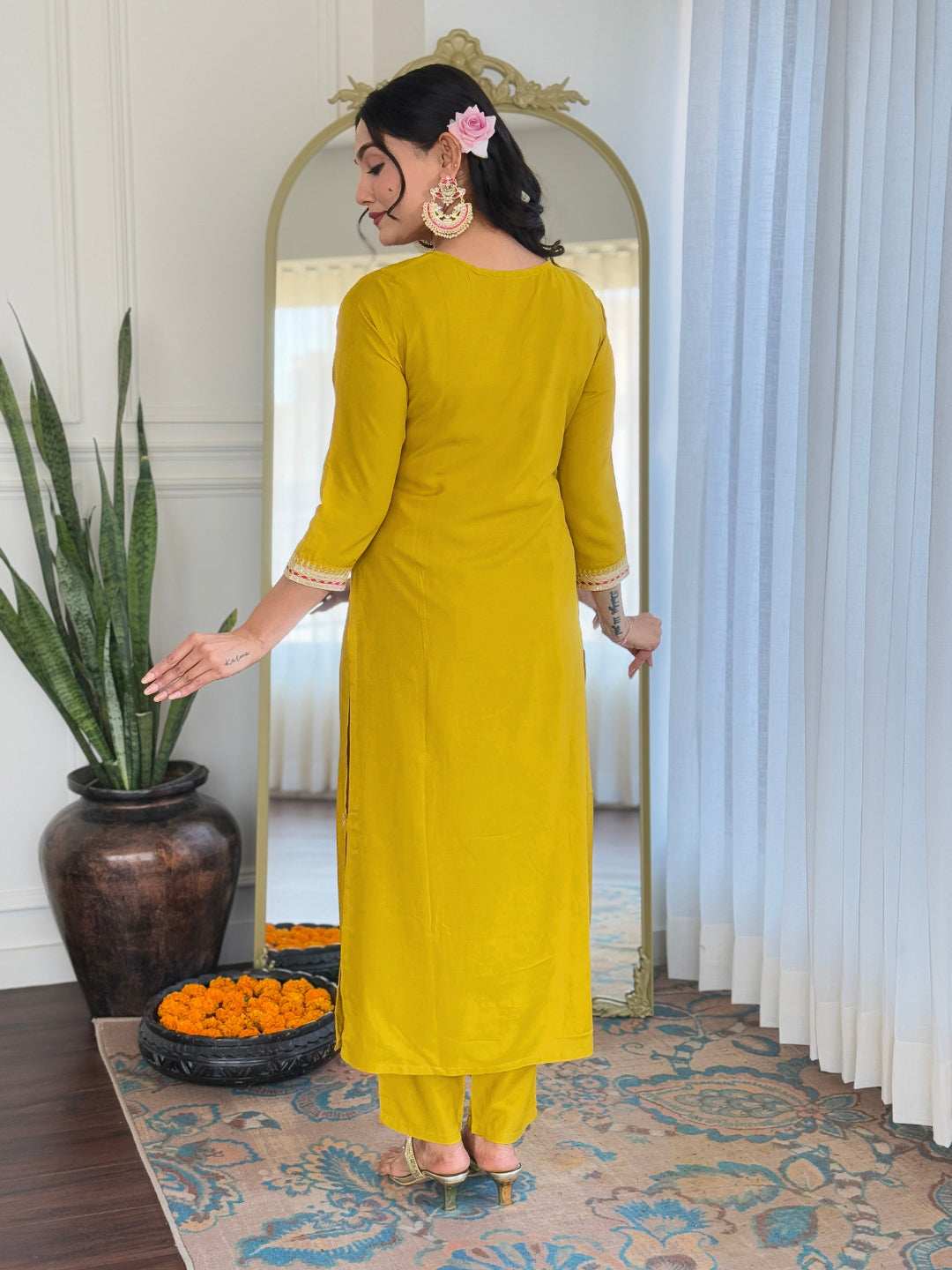 Yellow Bsy Viscose Elegant Kurta Pant Set With Embroidery Work