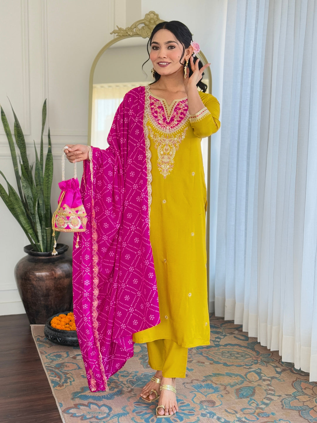 Yellow Bsy Viscose Elegant Kurta Pant Set With Embroidery Work