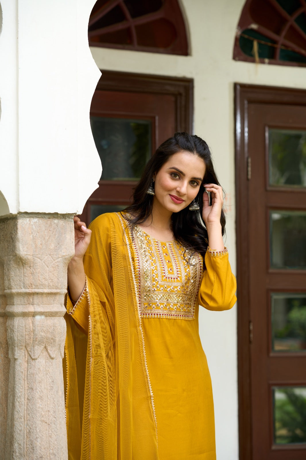 Yellow Chanderi Elegant Kurta Pant Set With Embroidery Work