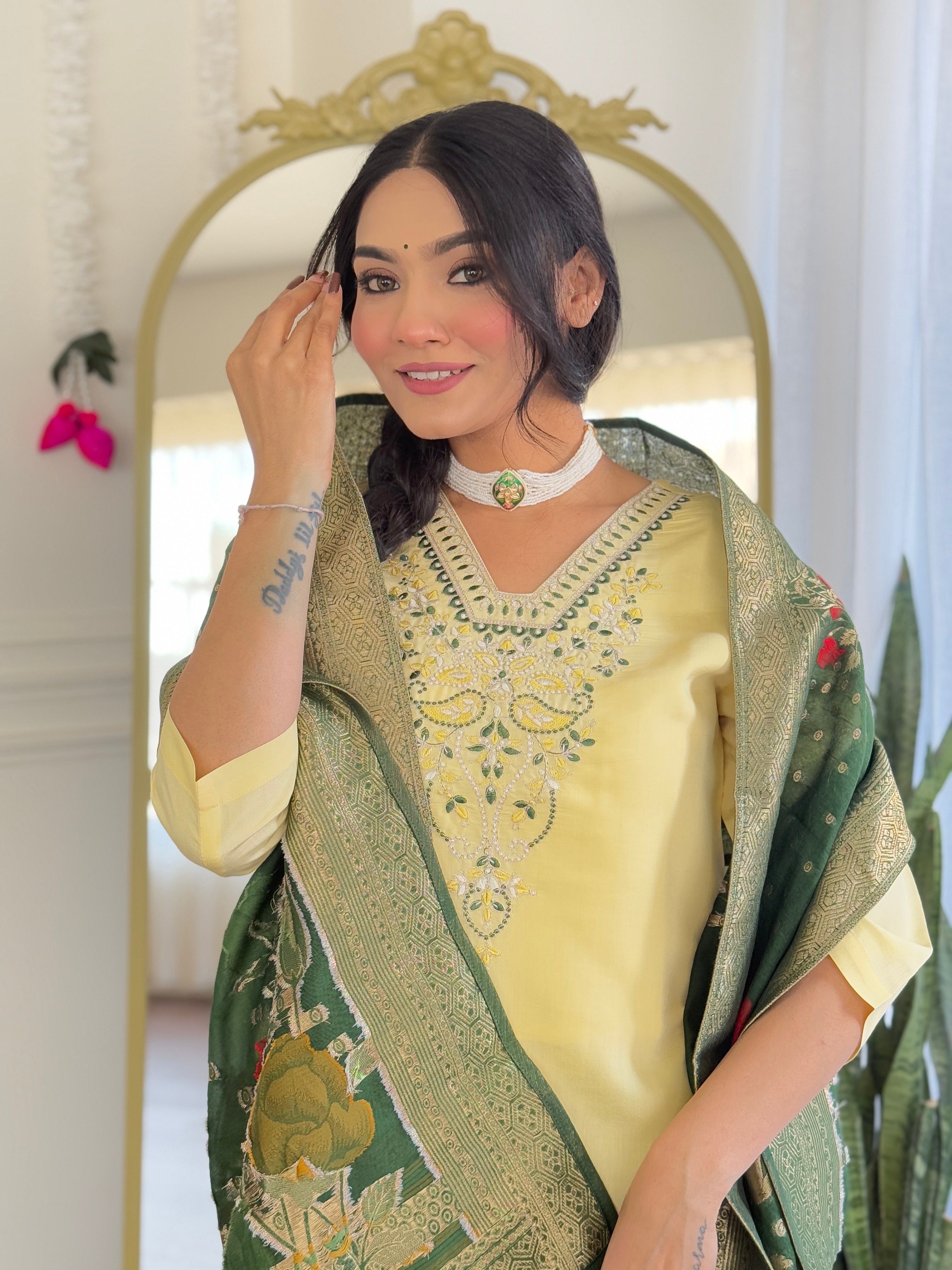 Yellow Chanderi Viscose Elegant Kurta Pant Set With Embroidery Work