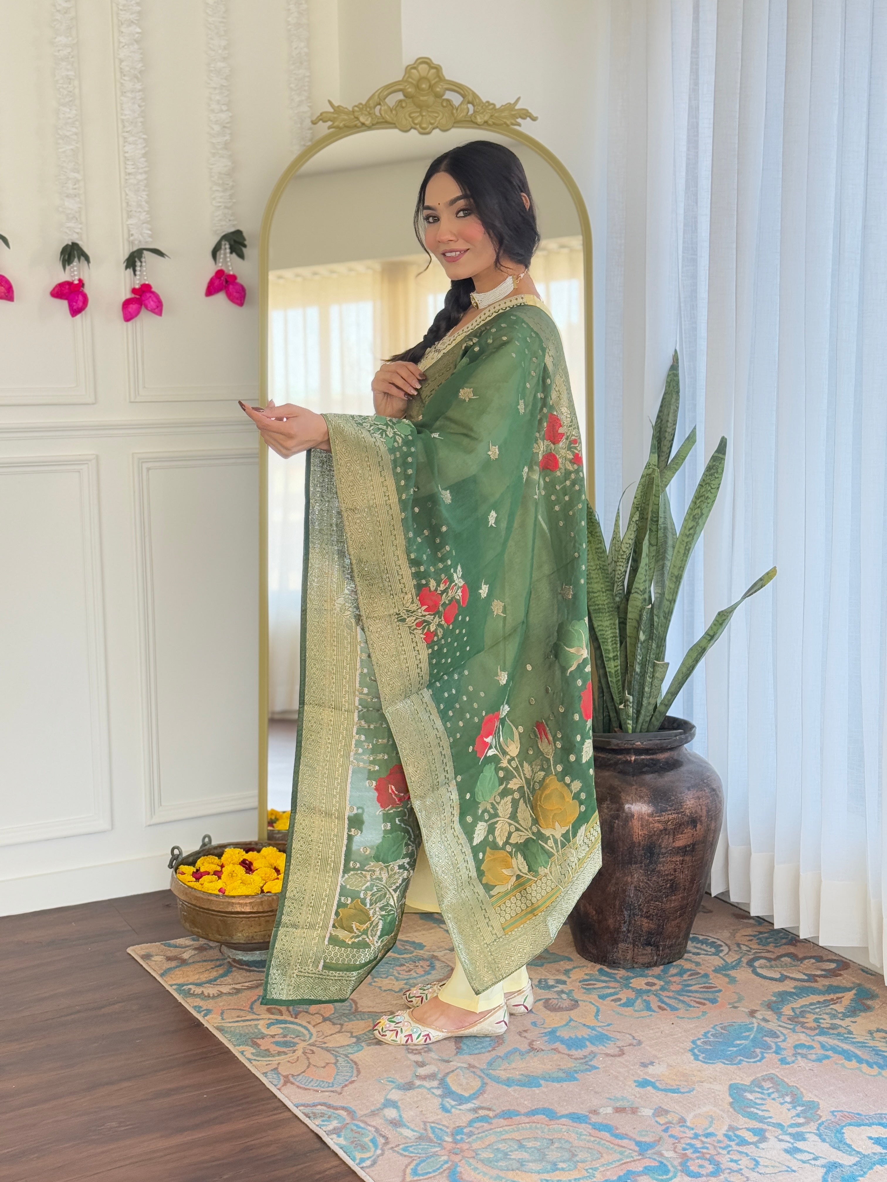 Yellow Chanderi Viscose Elegant Kurta Pant Set With Embroidery Work