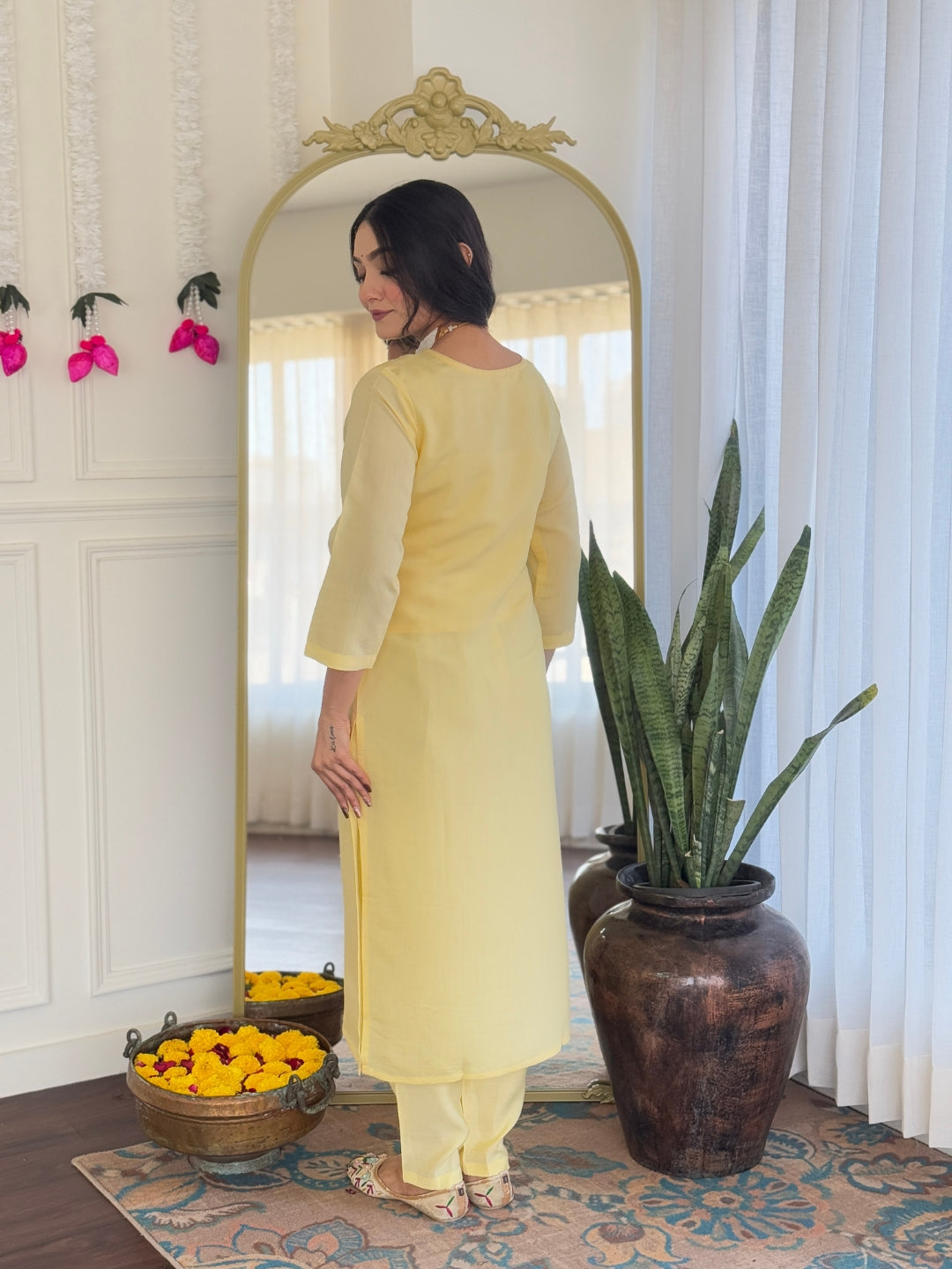 Yellow Chanderi Viscose Elegant Kurta Pant Set With Embroidery Work