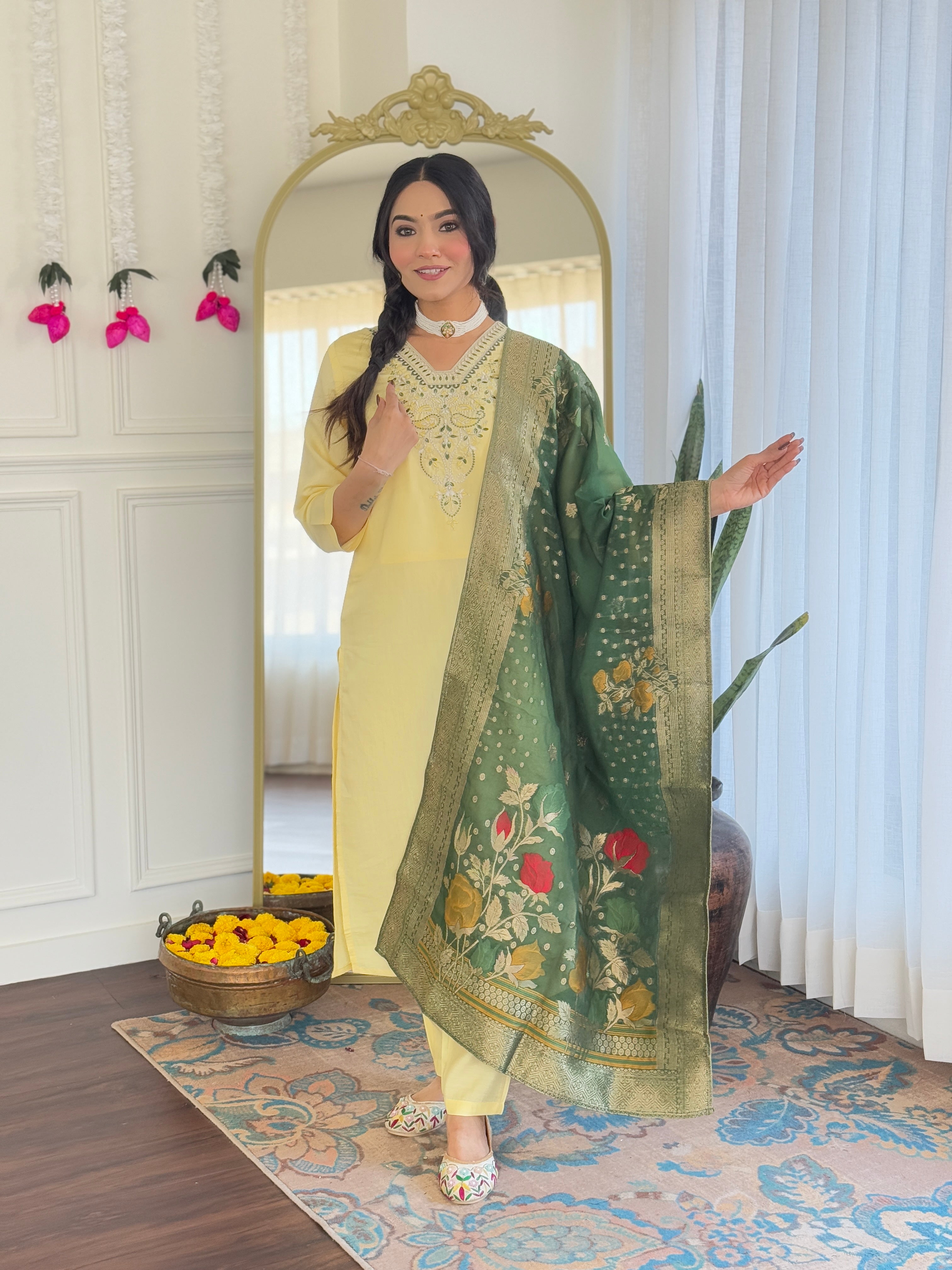 Yellow Chanderi Viscose Elegant Kurta Pant Set With Embroidery Work