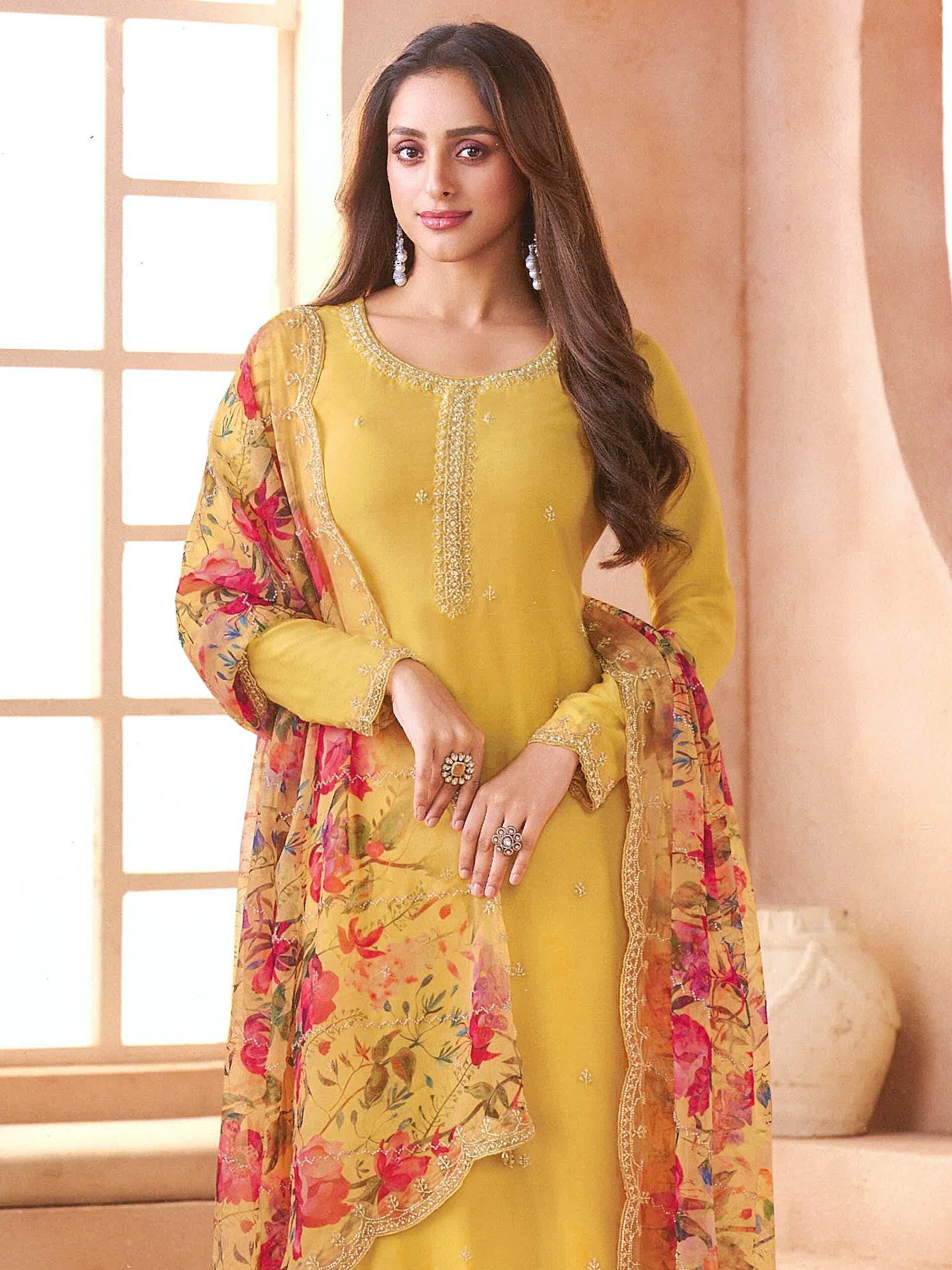Yellow Chiffon Designer Suit Set With Delicate Embroidery