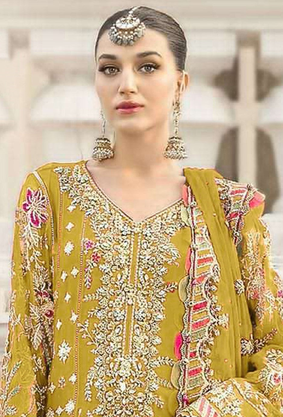 Yellow Chiffon Designer Suit Set With Delicate Embroidery
